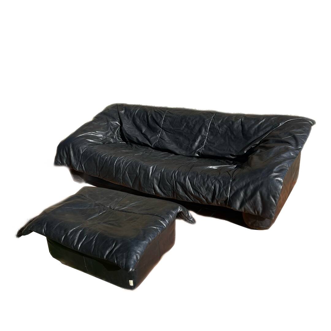 Flou Flou sofa in full grain black leather, Ligne Roset, De Pas, D'urbino, Lomazzi (1988)