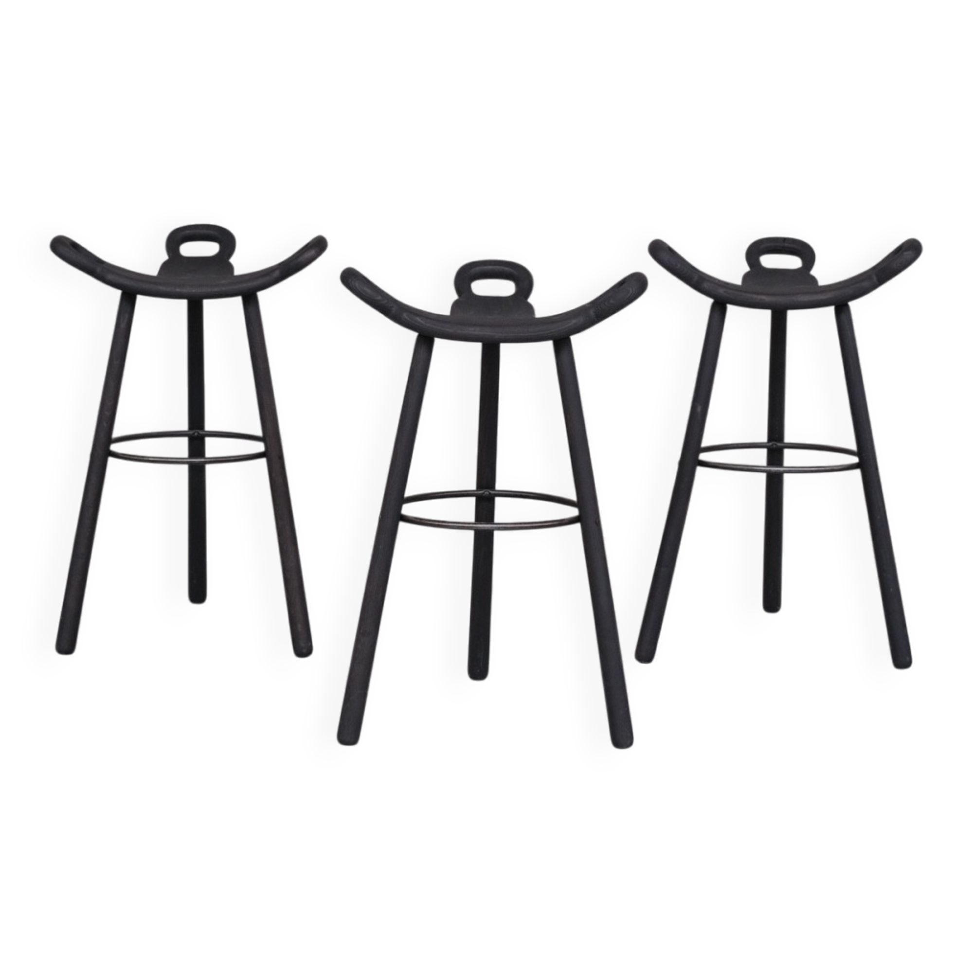 Set of Three Stained Blackened Mid-Century 'Marbella' Bar Stools