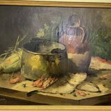 Tableau Nature Morte au poisson crevette  Le Roux