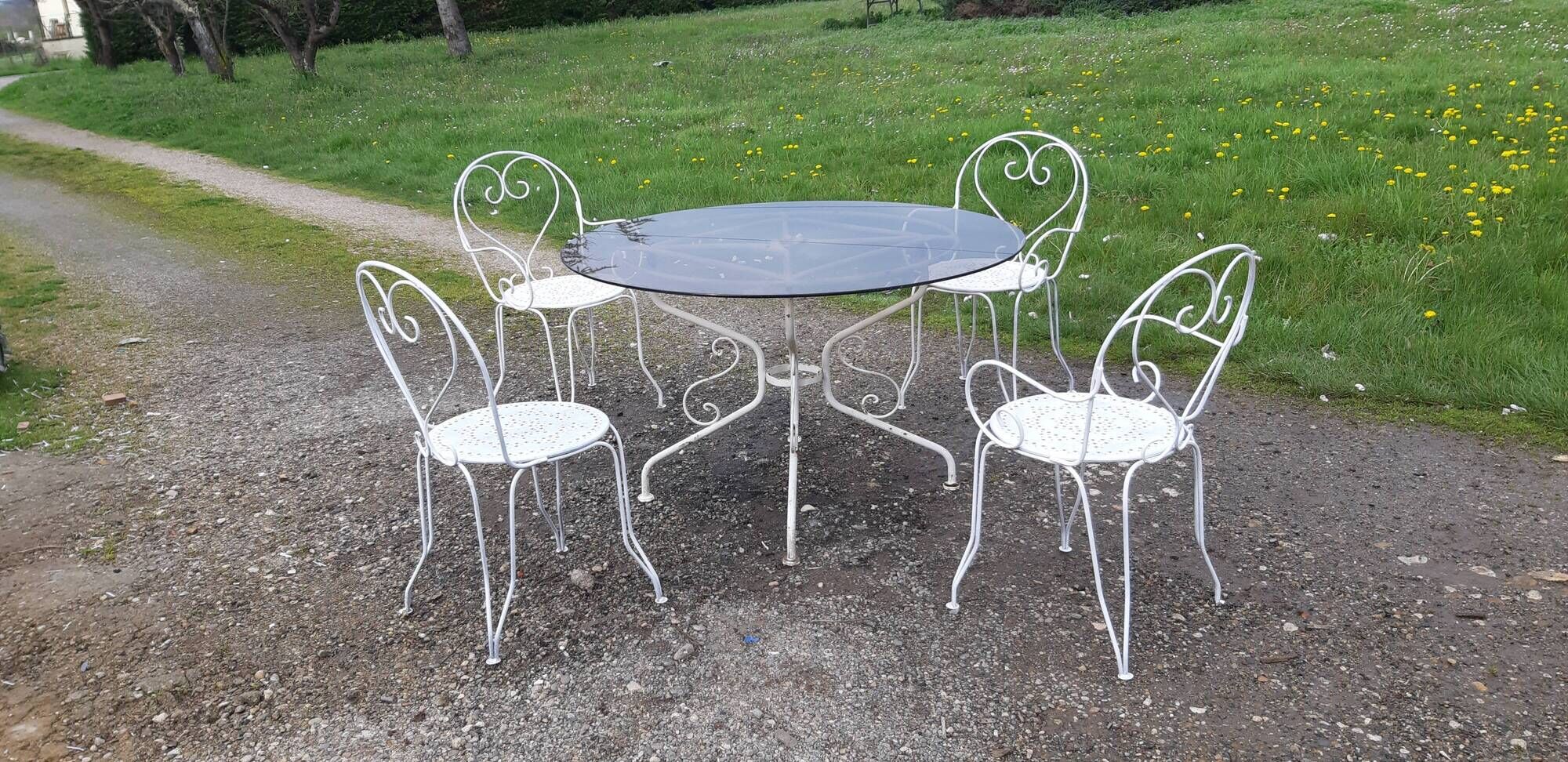 Garden furniture wrought iron and smoked glass 1900