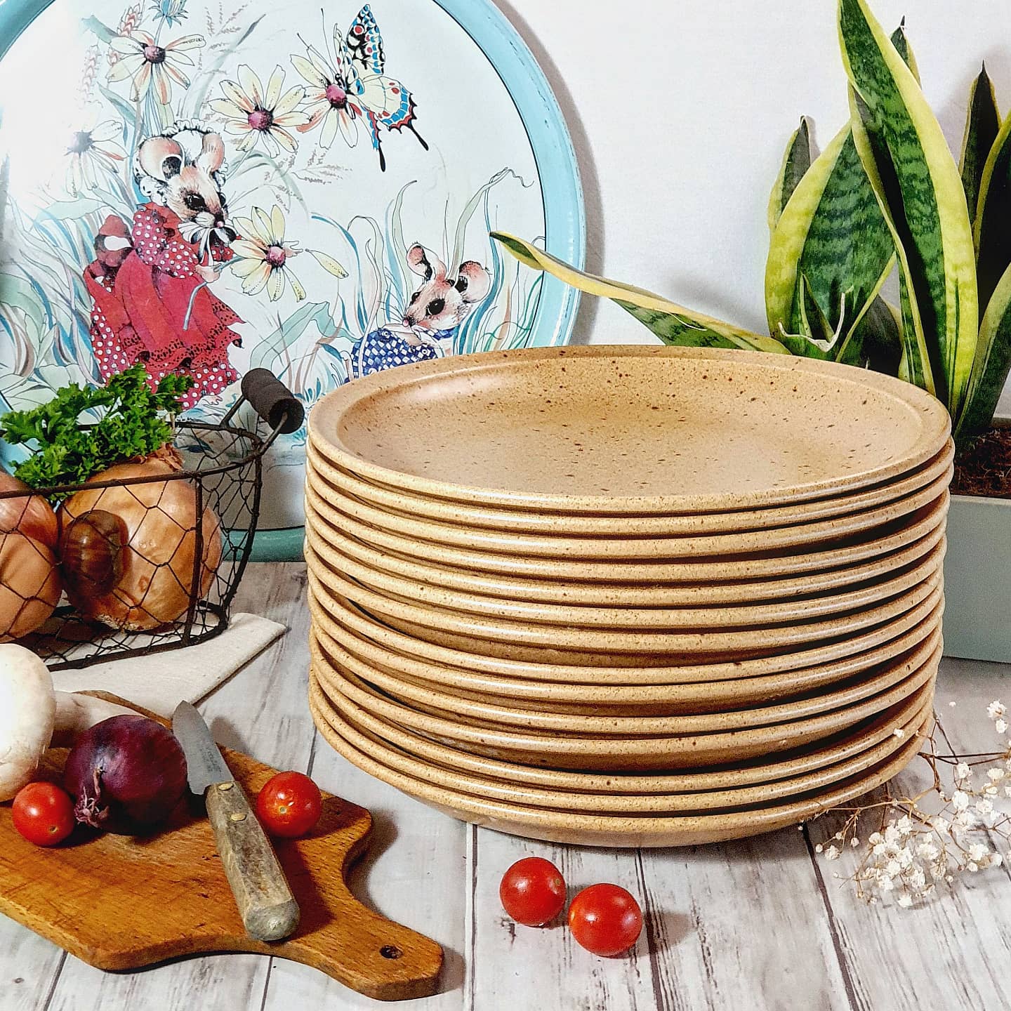 Lot de 7 assiettes plates Sarreguemines grès moucheté
