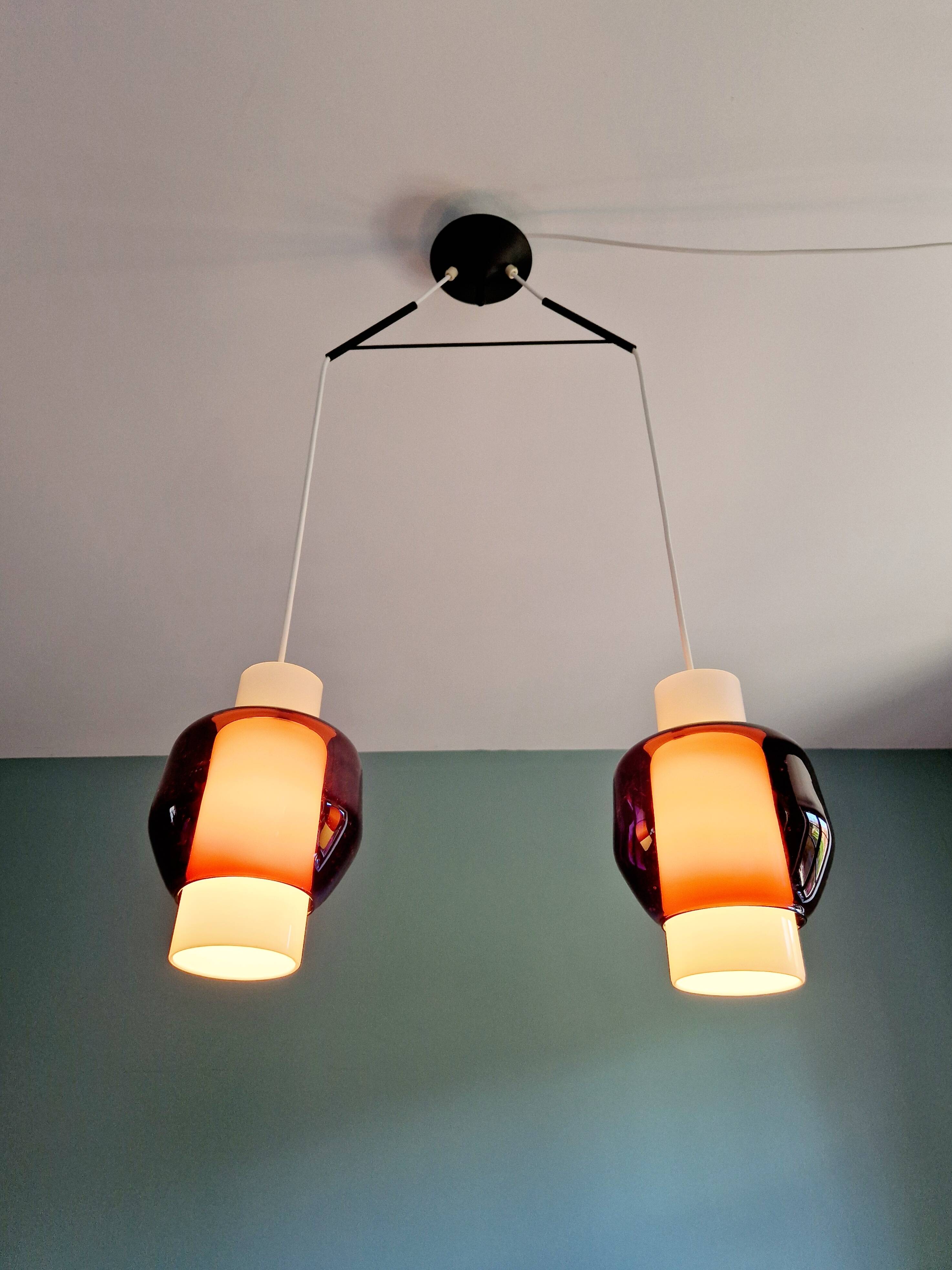Scandinavian double pendant light in white opaline and amethyst glass, 1960s