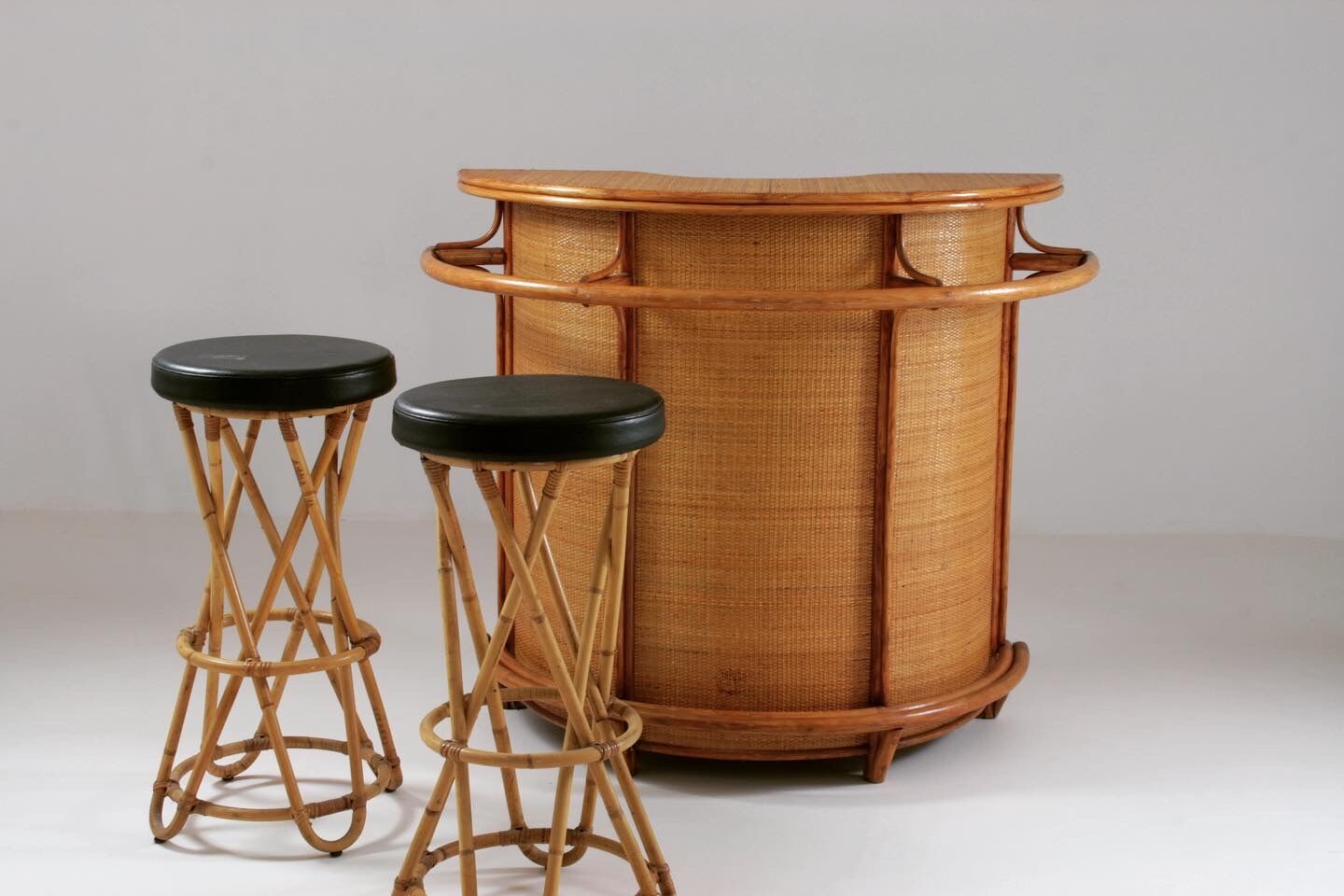 Rattan bar and stools, France 1960s, set of 3