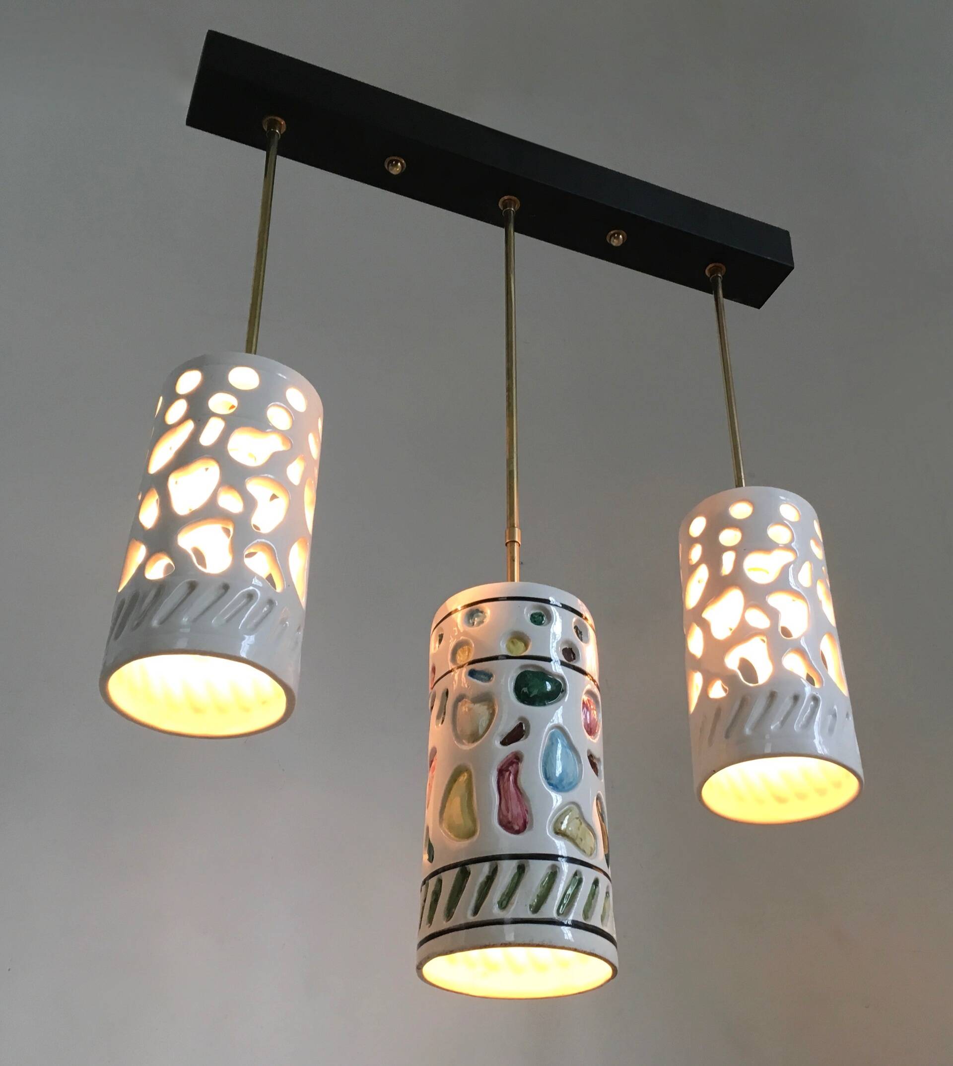 Chandelier with Cylindrical Ceramic Lampshades by Ceramiche Pucci, Italy