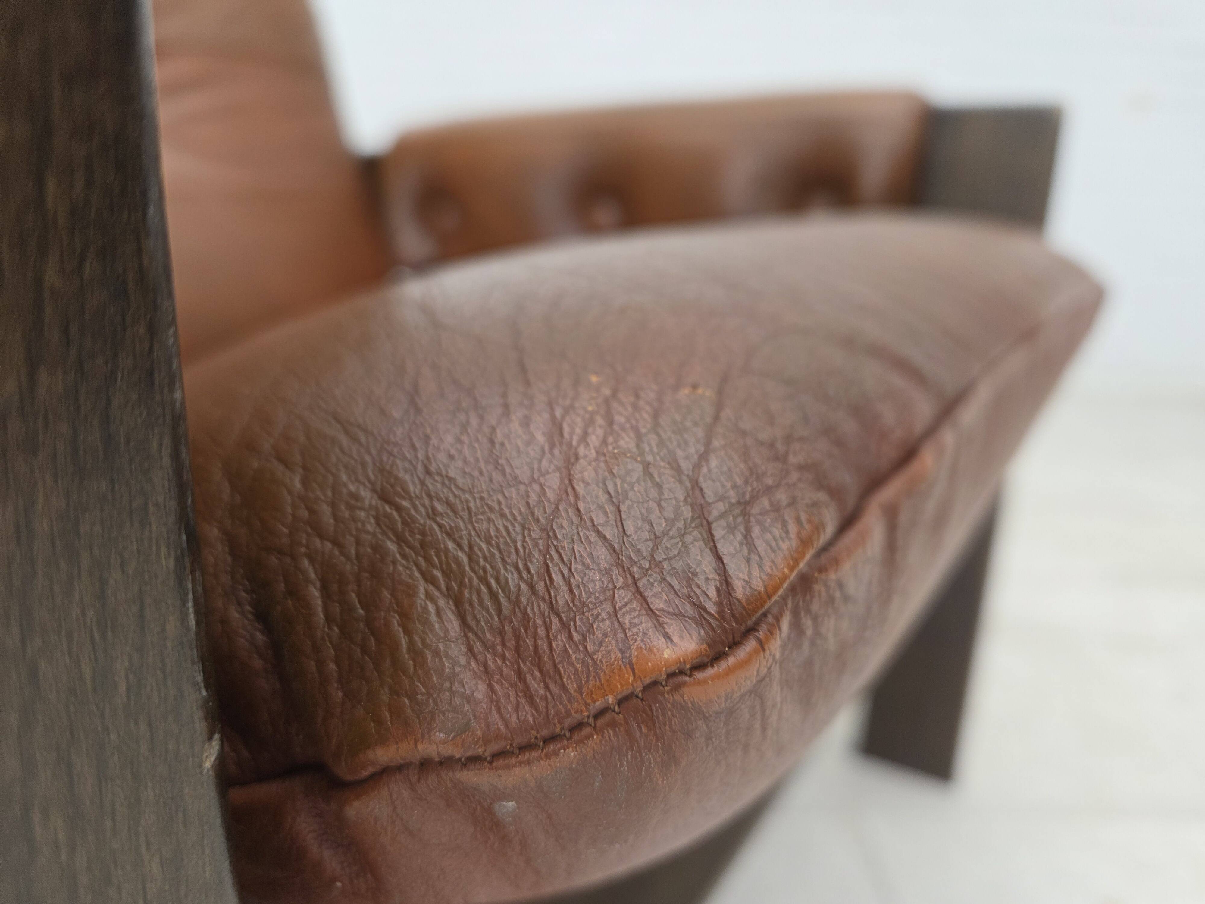 1970s, Scandinavian armchair, furniture leather, canvas, oak wood.