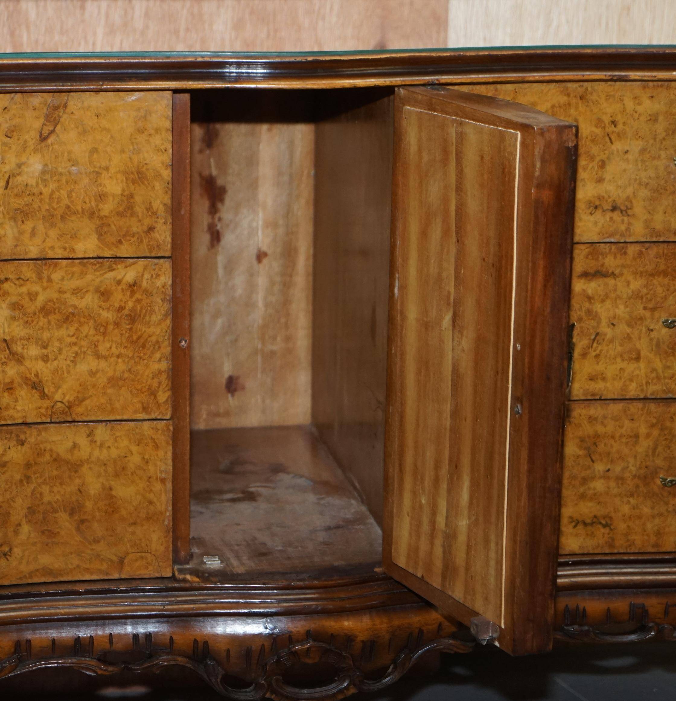 Vintage Italian Buffet in Walnut with Serpentine Front and Mirror Top