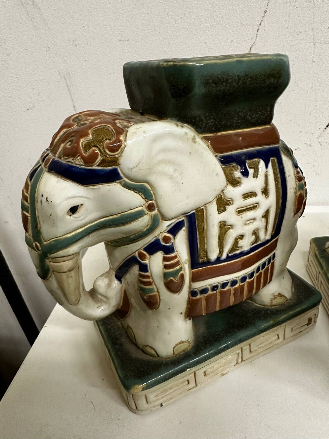 Pair of ceramic elephant plant stands polychrome sculpture - India