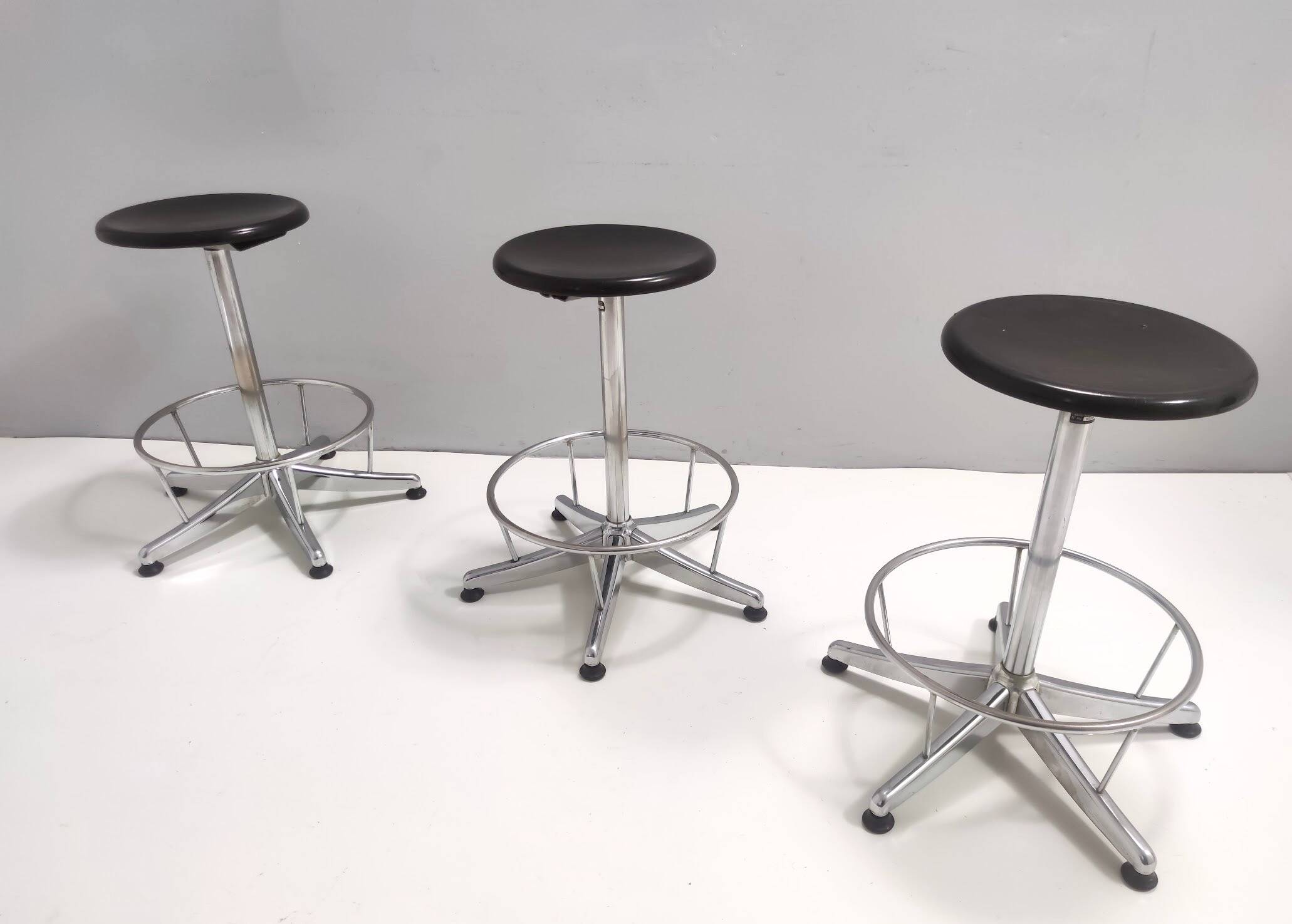 Vintage Black Plastic and Chromed Metal Revolving and Adjustable Stool, Italy