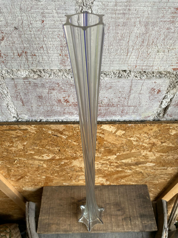 Vase soliflore ancien verre, lignes bleues verticales 80cm
