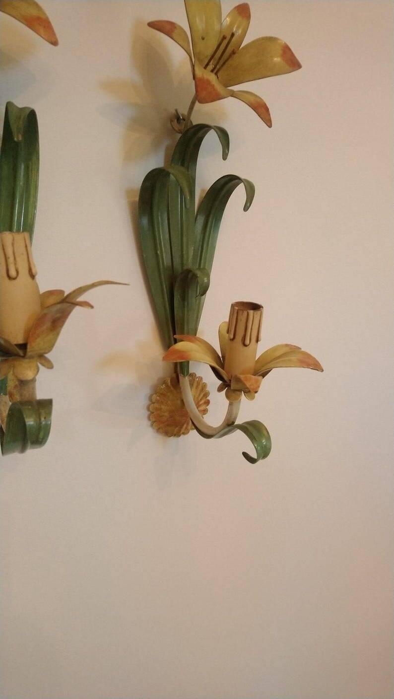 Floral single-arm wall lights, wall sconces, toleware, French vintage enamel.