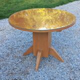1950s round oak table, 2 heights, central quadripod leg