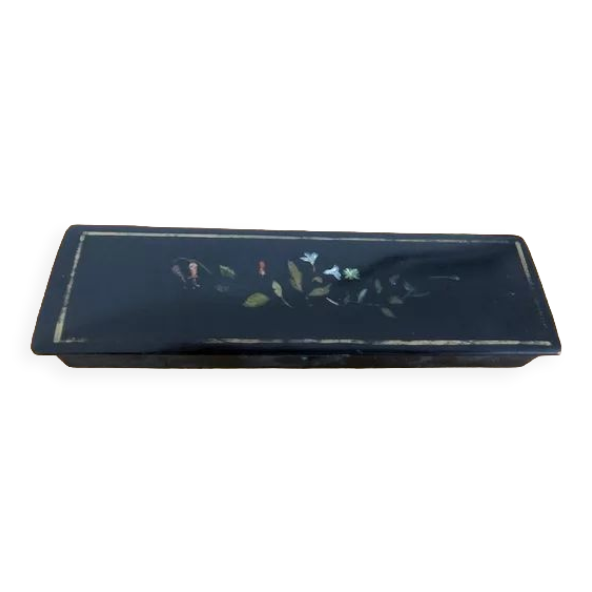 Pen tray in black lacquered wood painted floral decoration