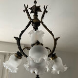 Ancien lustre cage en bronze et 4 feux tulipe