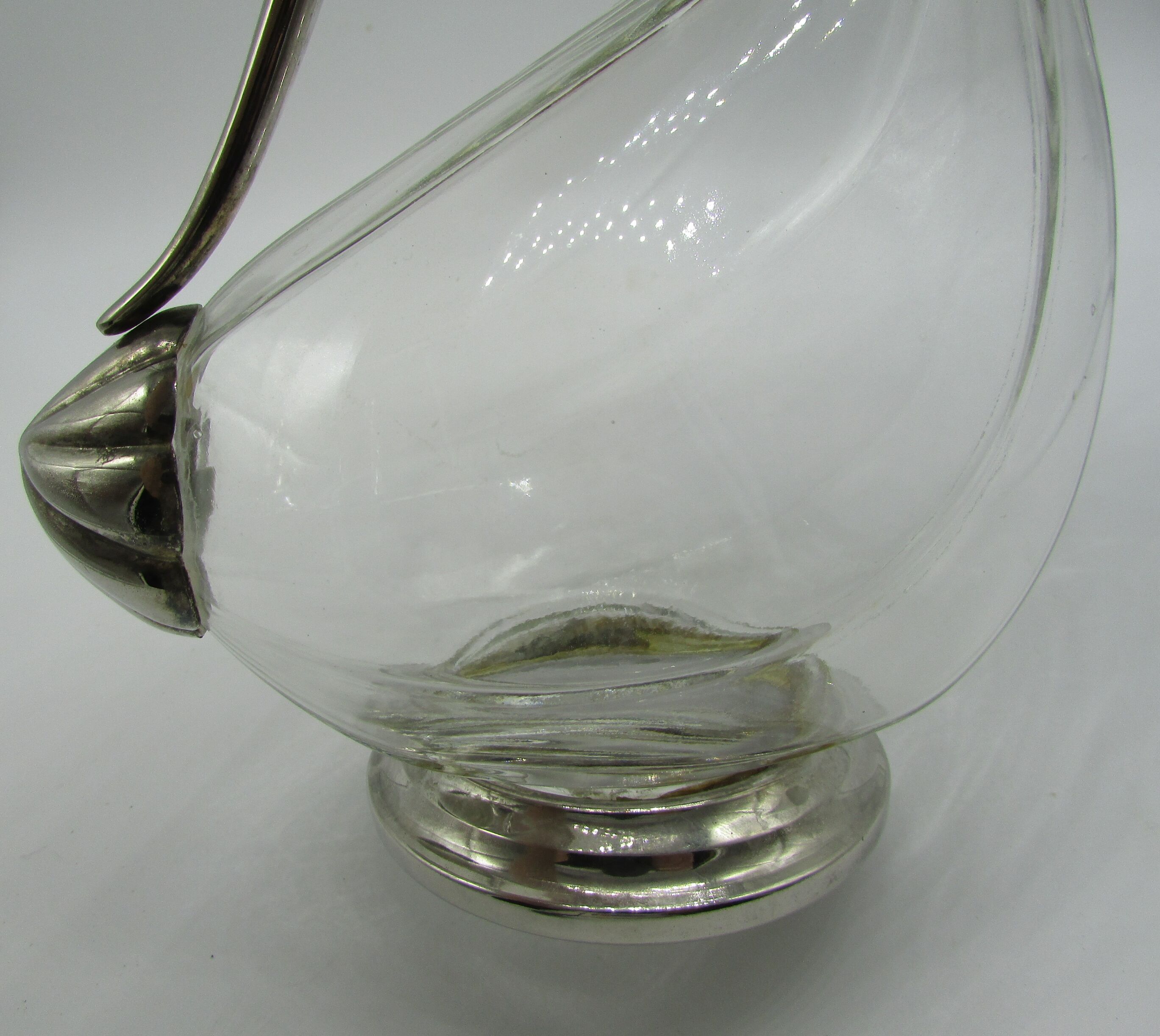 Decanter carafe glass and silver metal duck shape