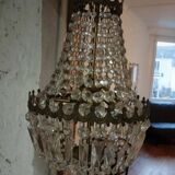 Lustre montgolfiere 3 feux bronze pampille cristal