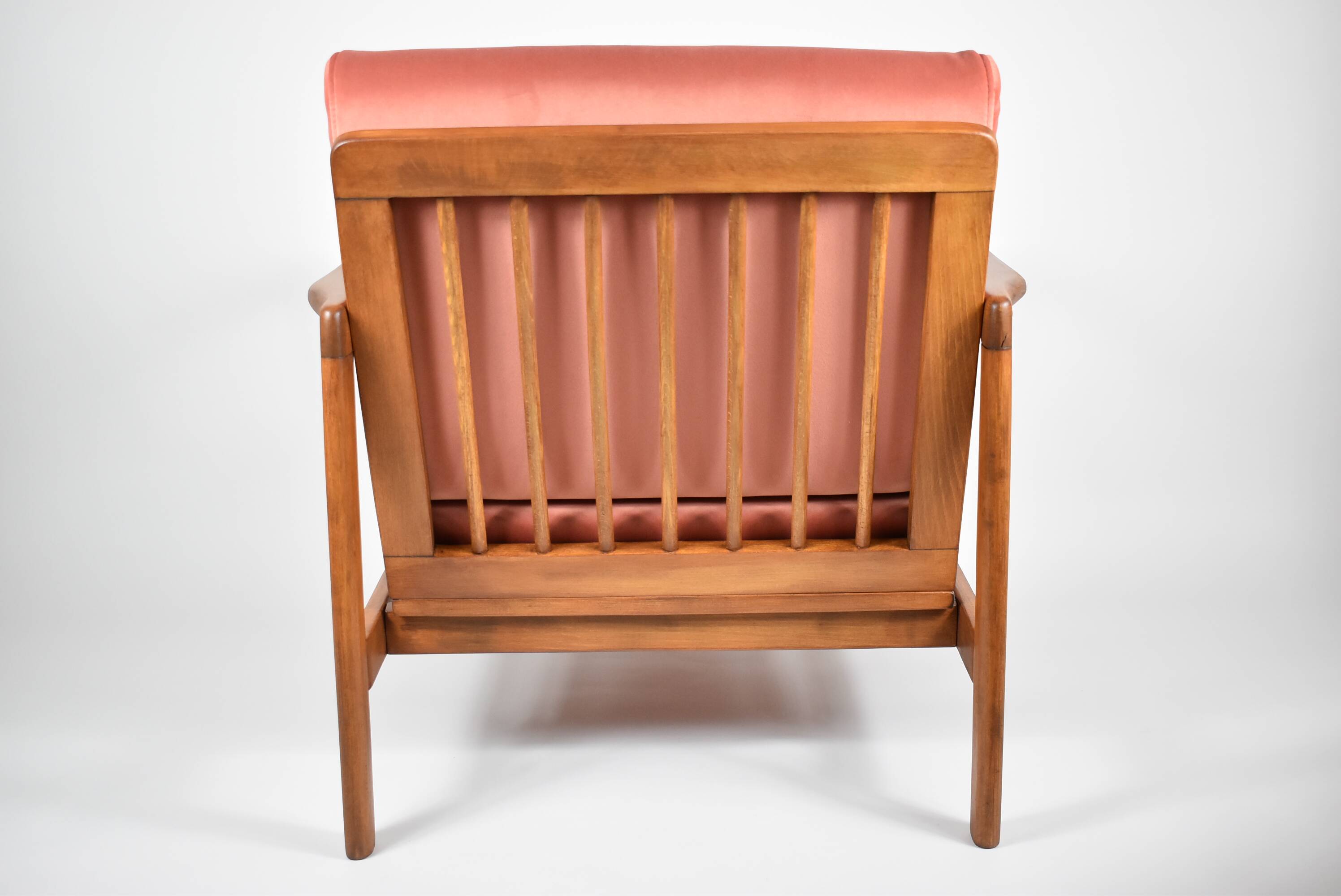 Scandinavian original armchair Baczyk, 1960s, renovation, pink, velvet, teak