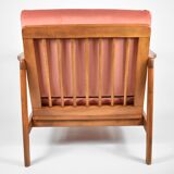 Scandinavian original armchair Baczyk, 1960s, renovation, pink, velvet, teak