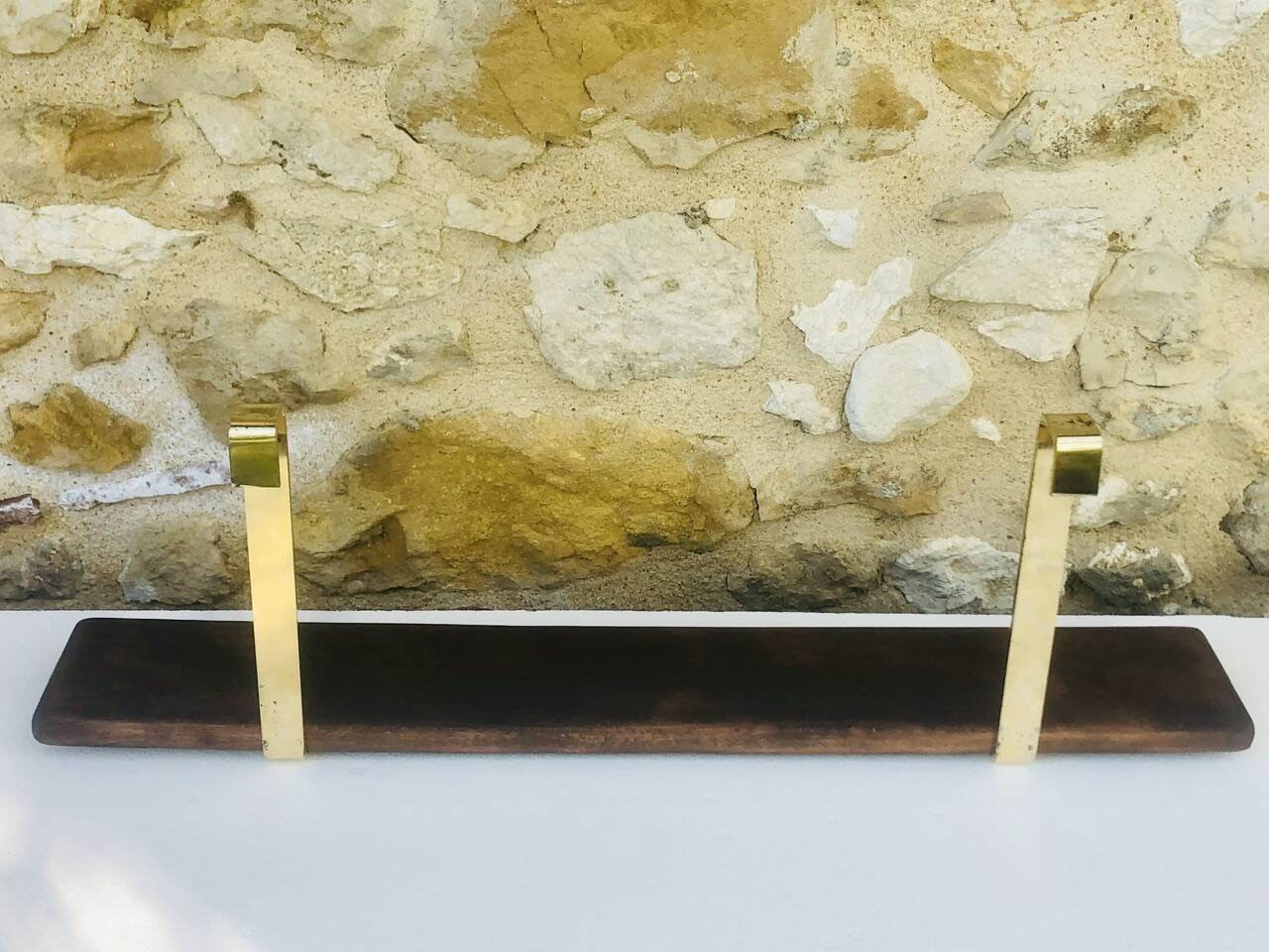 Vintage brass and wood hanging wall shelf