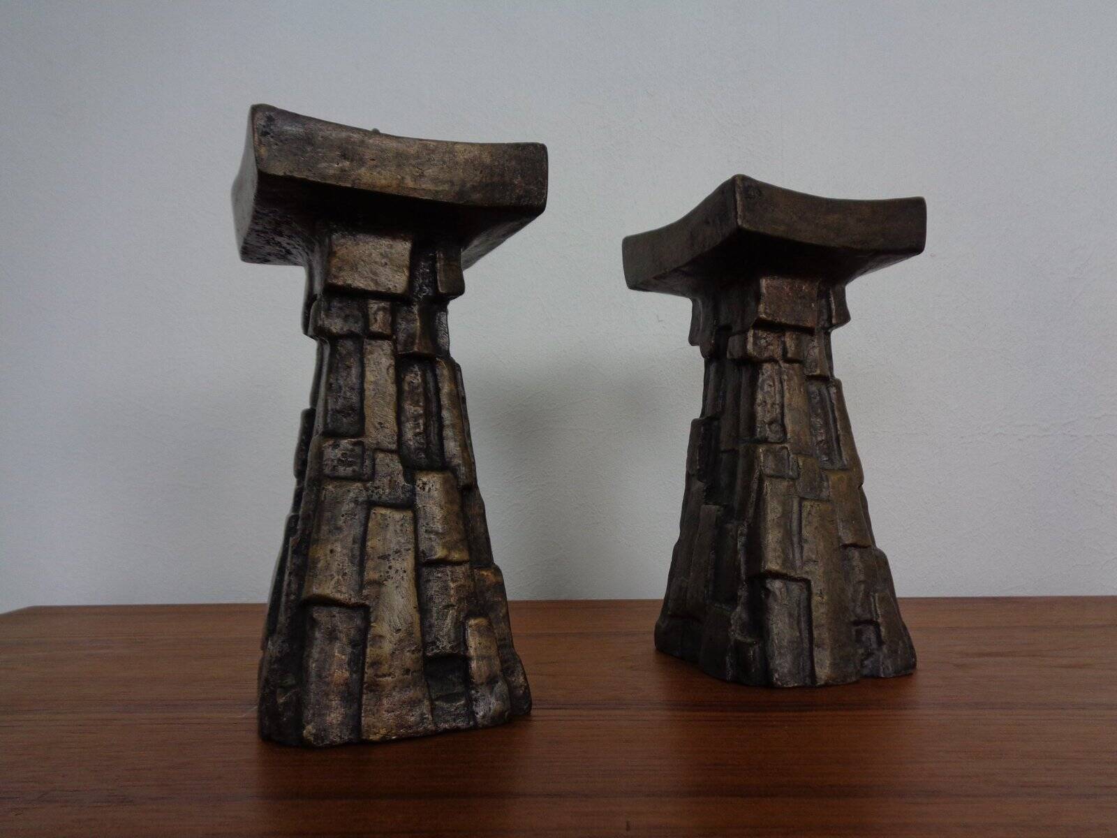 Large Brutalist German Bronze Candleholders, 1960s, Set of 2