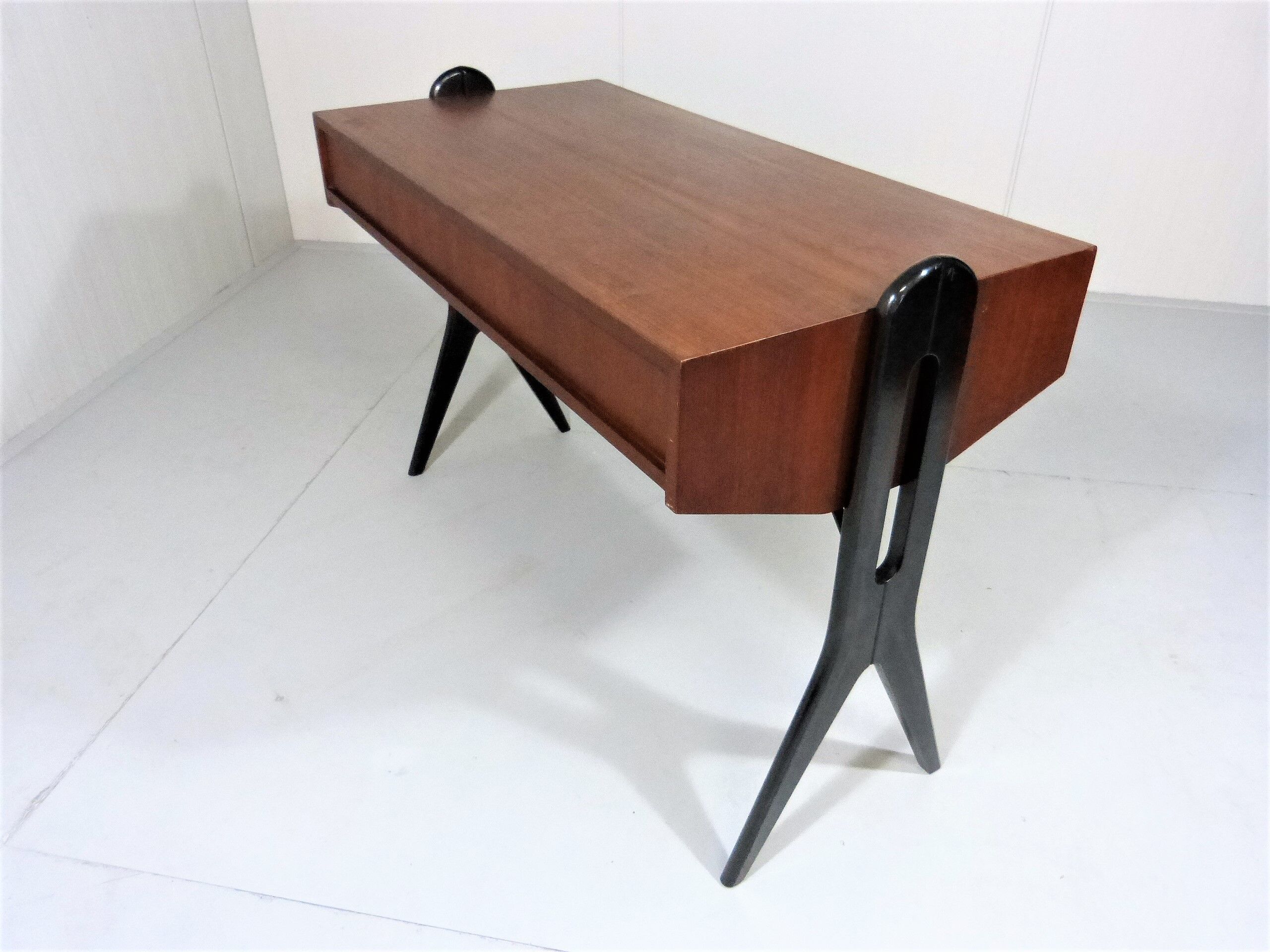 Vintage teak desk with black scissor legs 1960's
