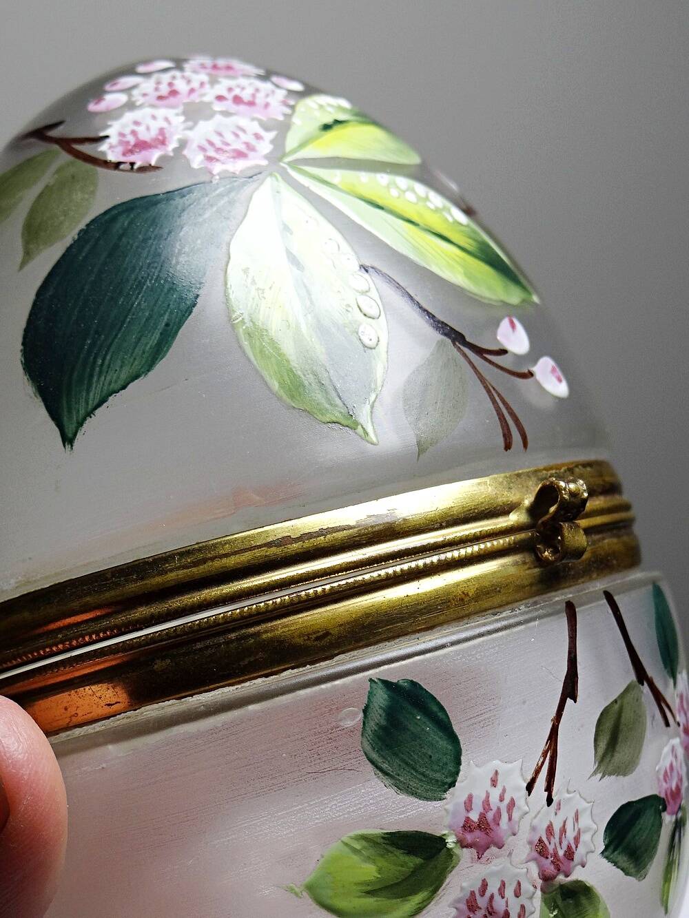 Antique 19th-20th century frosted enamelled glass and brass egg box