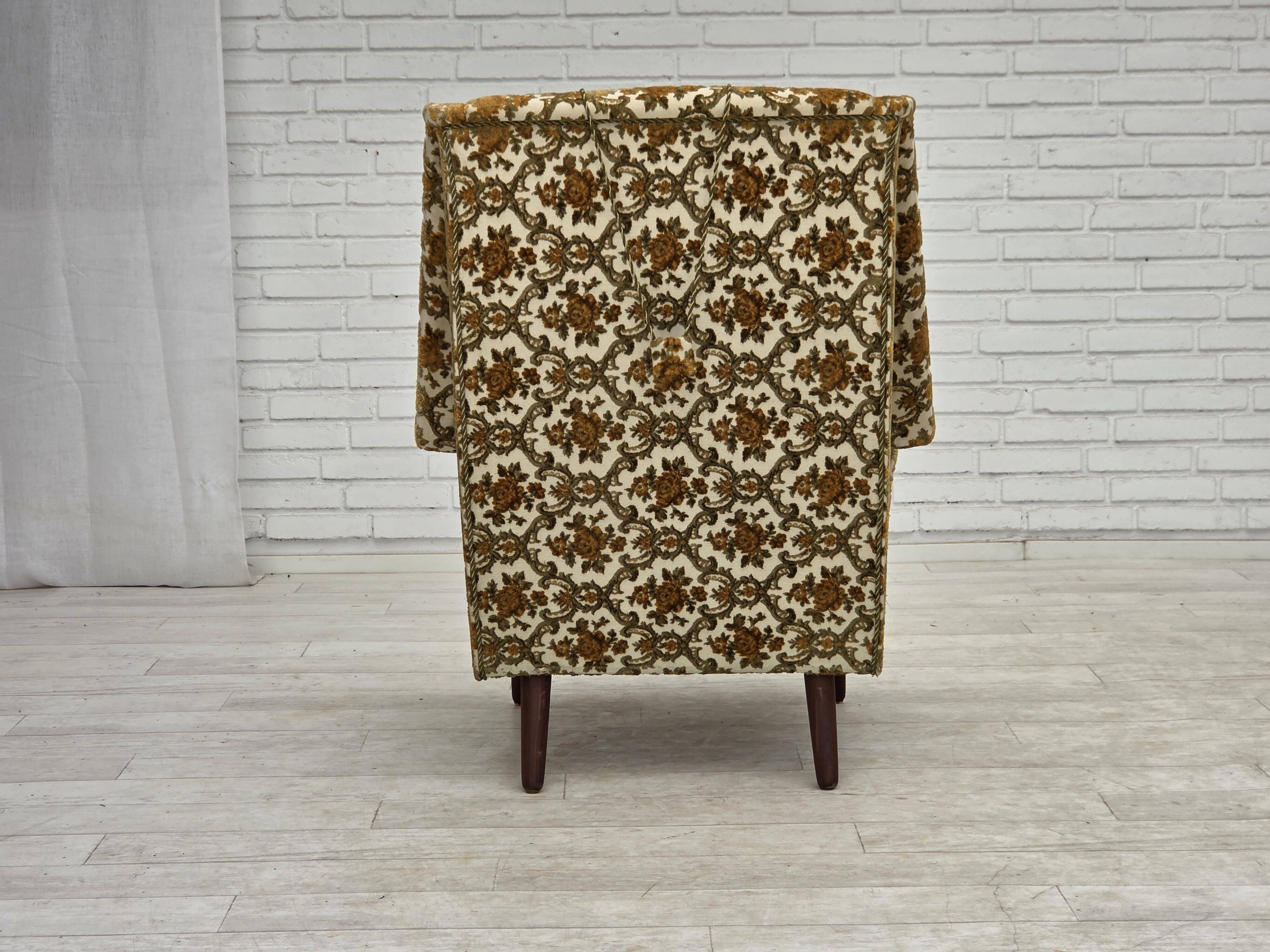 1970s, Danish highback armchair, Brown/beige furniture fabric, teak wood.