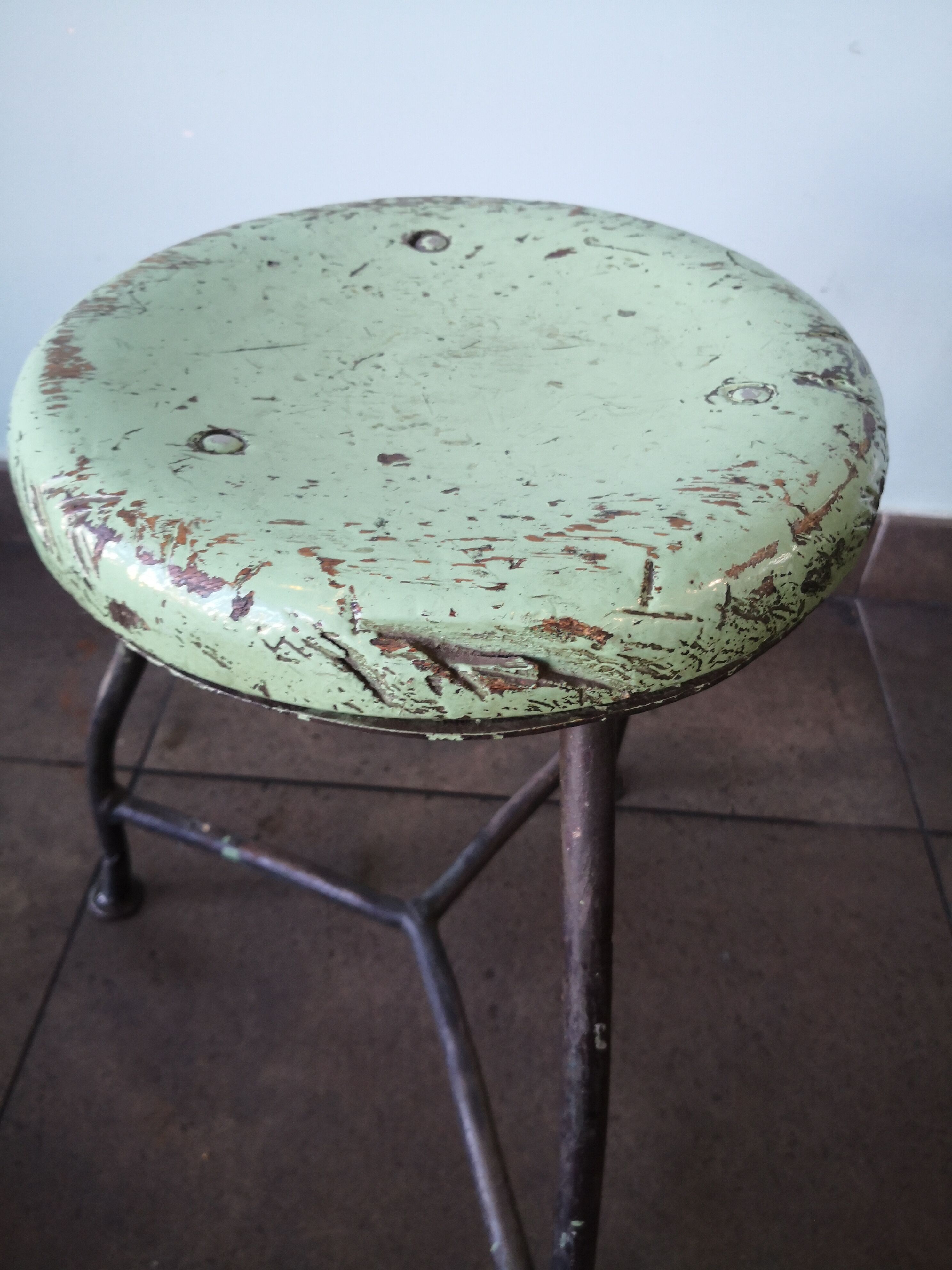 Vintage tripod stool, industrial style wood and metal