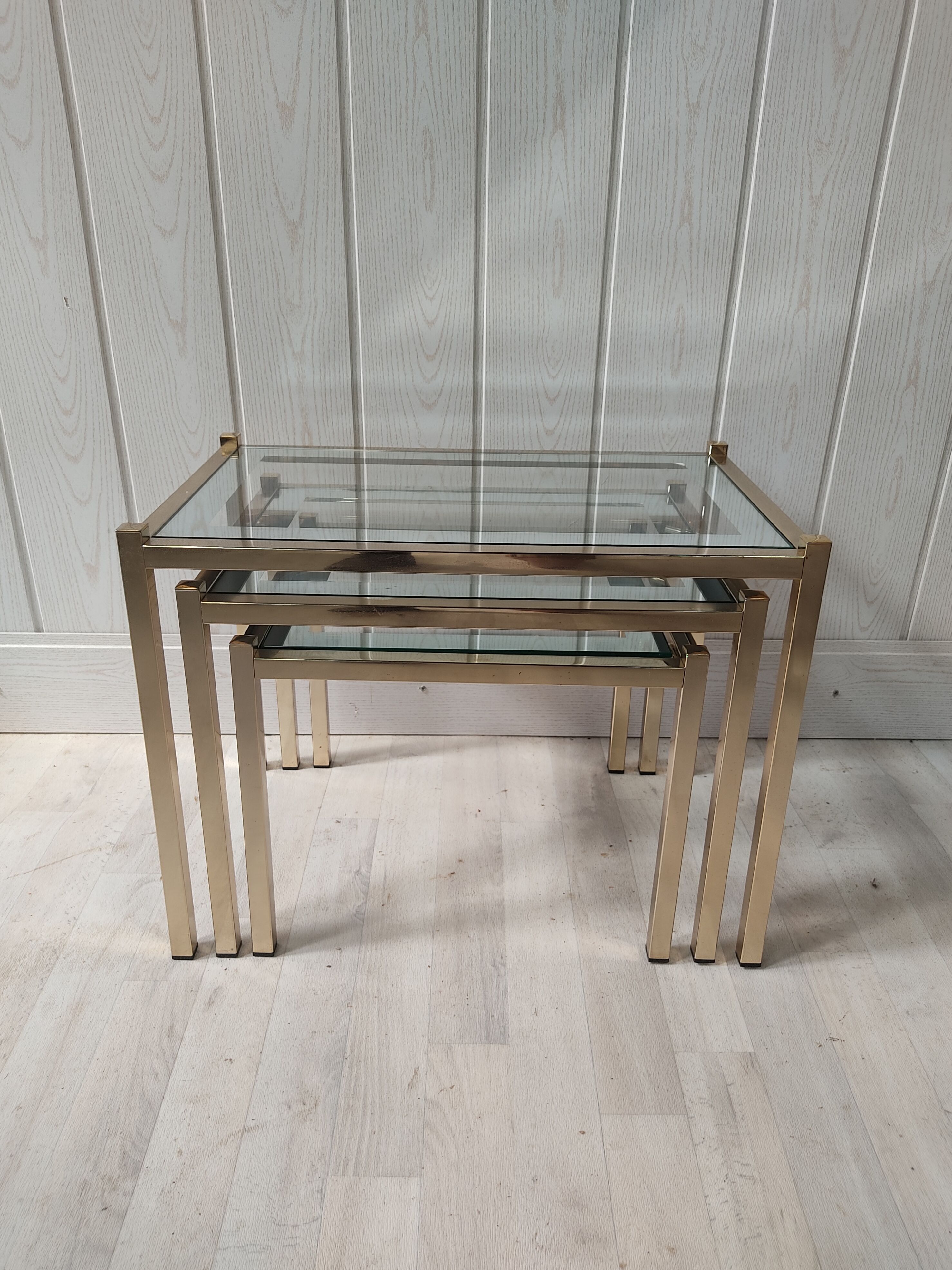 Vintage gilded metal side tables, glass and mirror