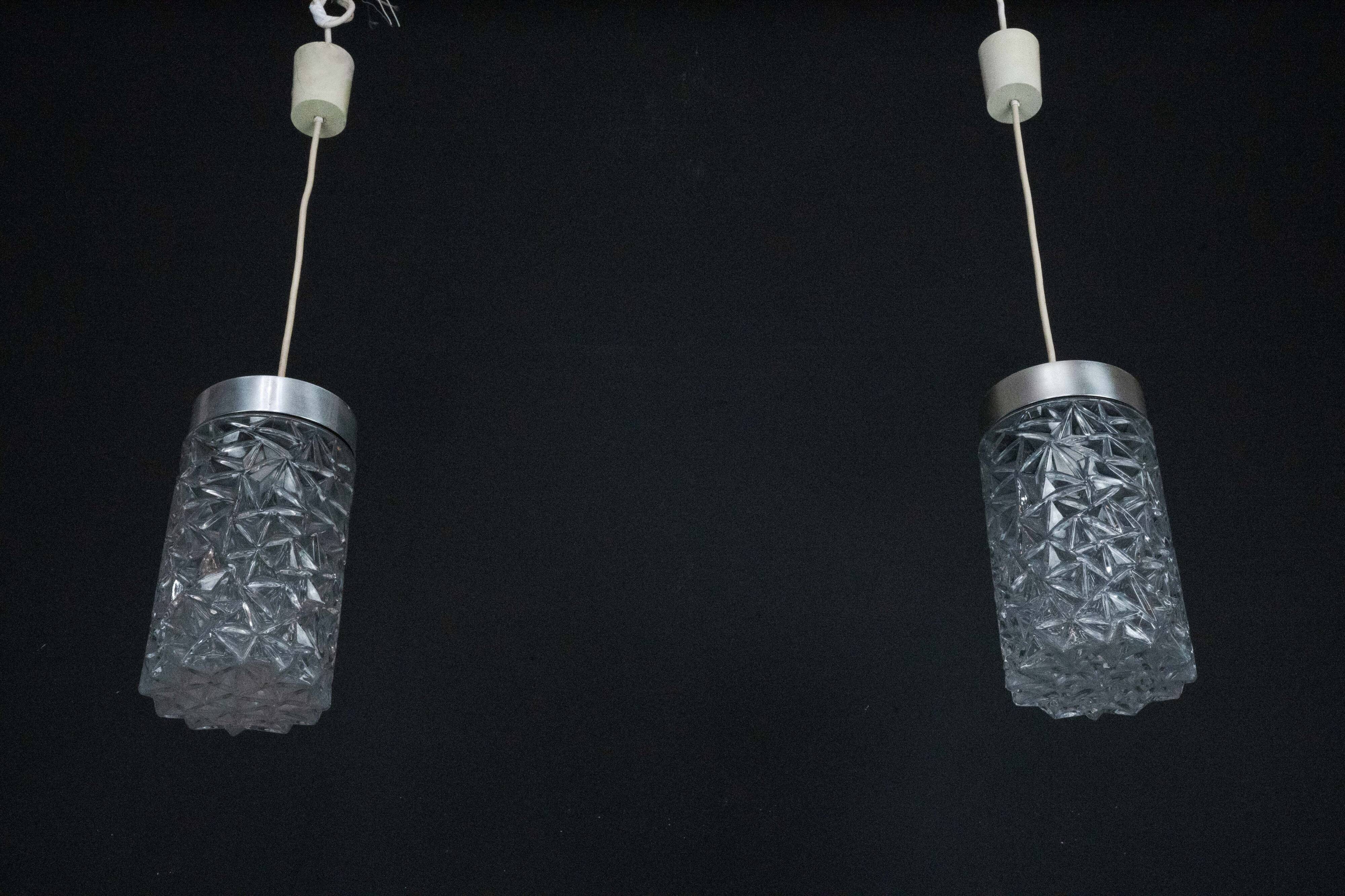 Pair of Italian Pendant Lights in Glass and Polished Aluminum, 1970s