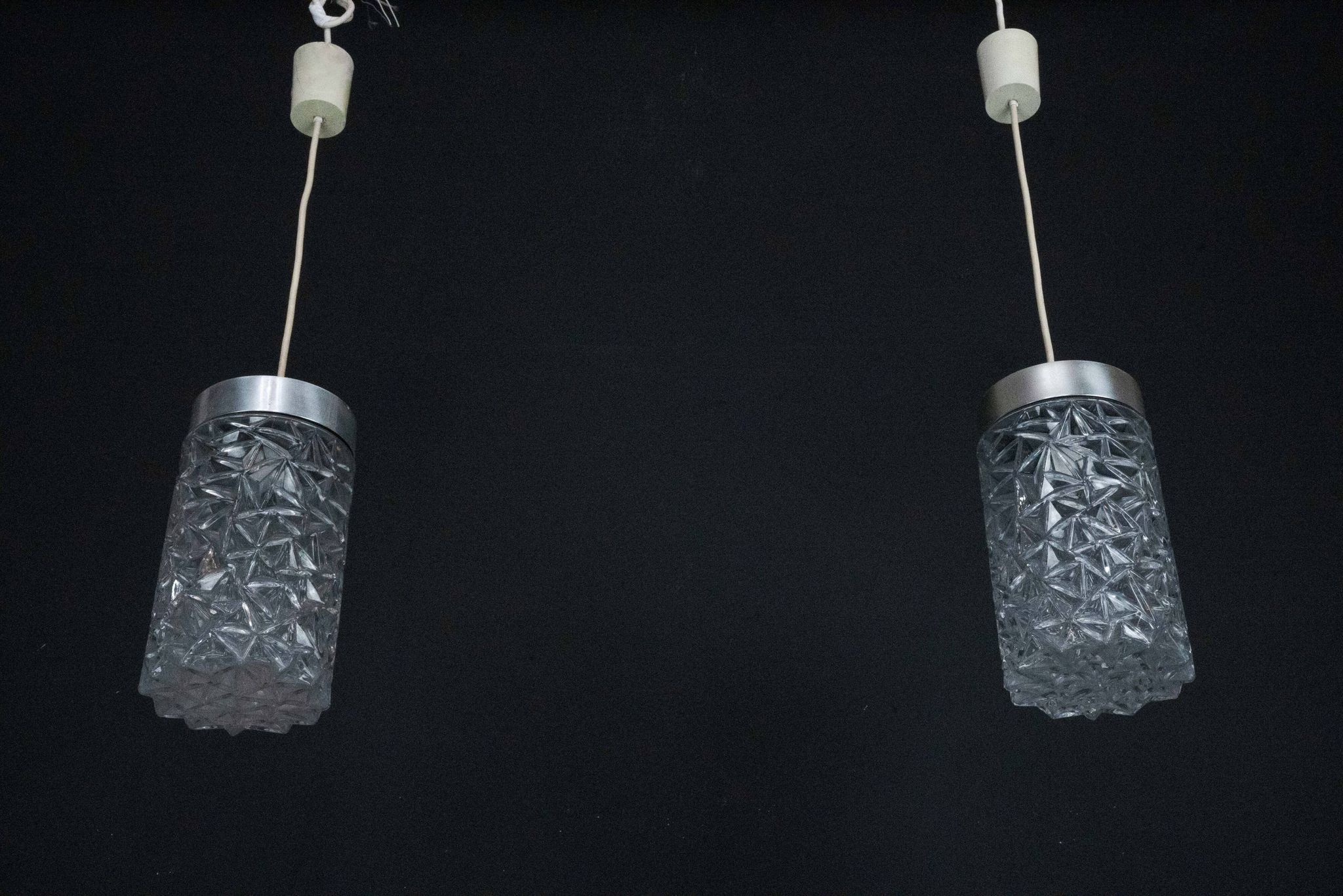 Pair of Italian Pendant Lights in Glass and Polished Aluminum, 1970s