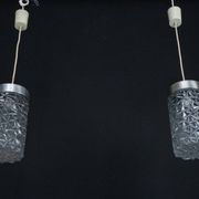 Pair of Italian Pendant Lights in Glass and Polished Aluminum, 1970s