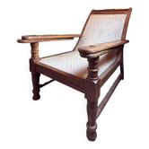 Fauteuil vintage en bois massif et tissage géométrique – esprit lodge