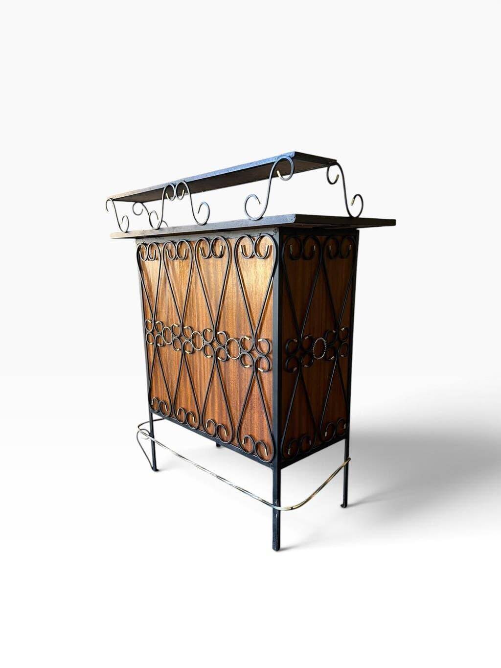 Vintage wooden bar counter with ceramic accents.