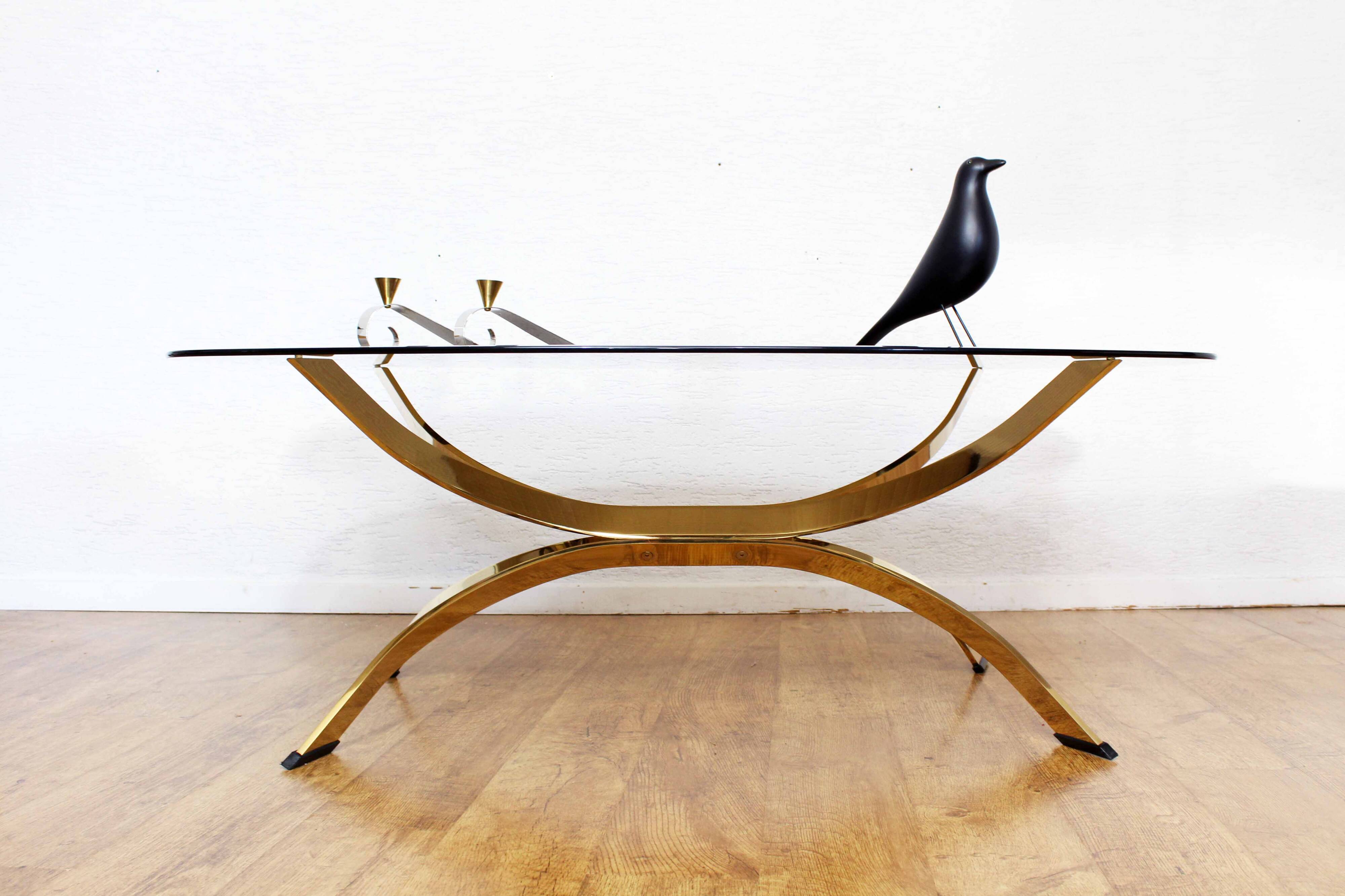 Italian coffee table in smoked glass and brass