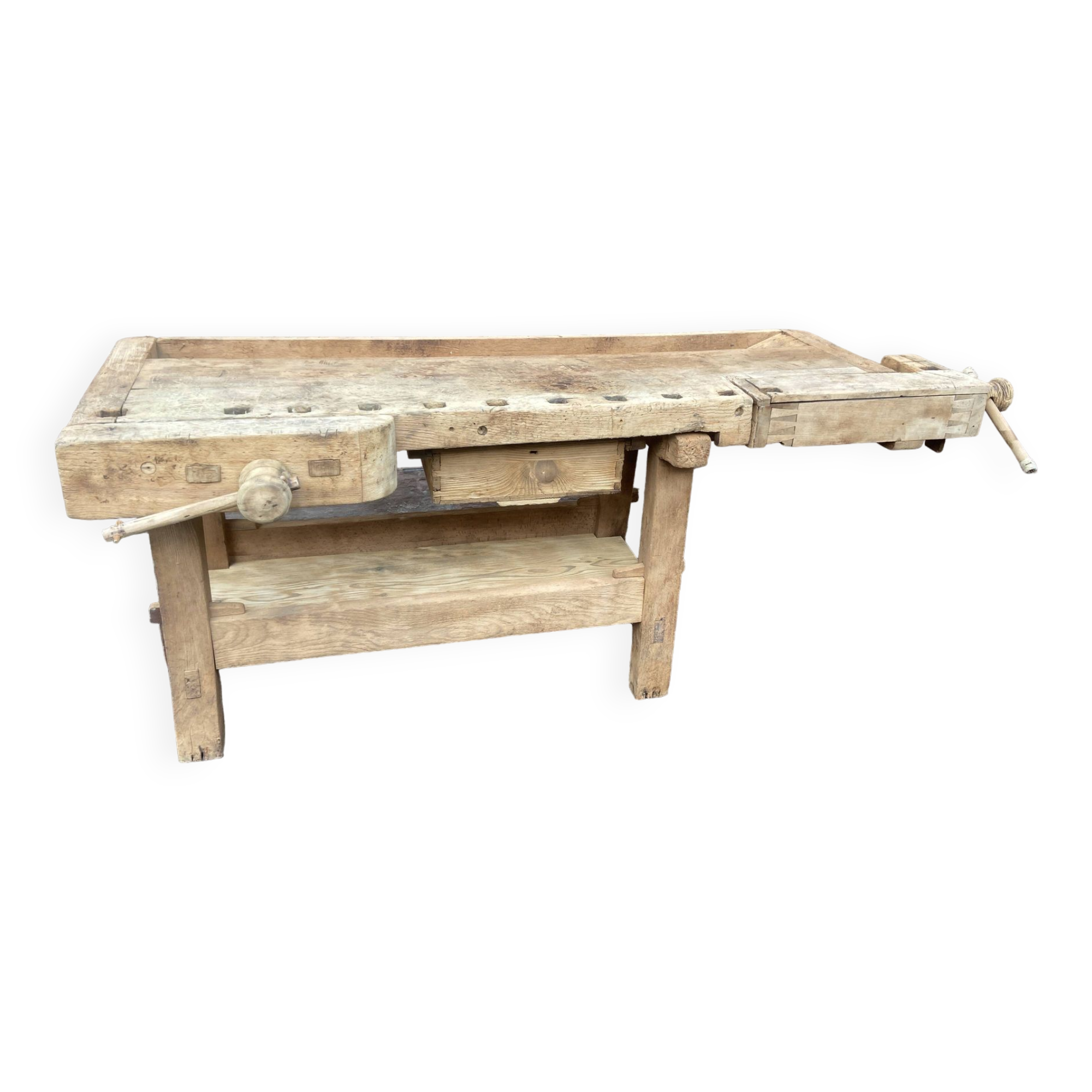 Industrial table carpenter's workbench in raw natural wood vintage bohemian