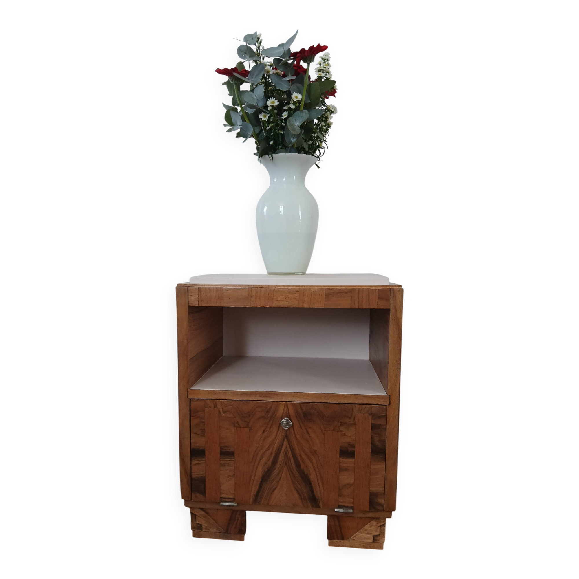 Table de chevet vintage rose marqueterie chêne