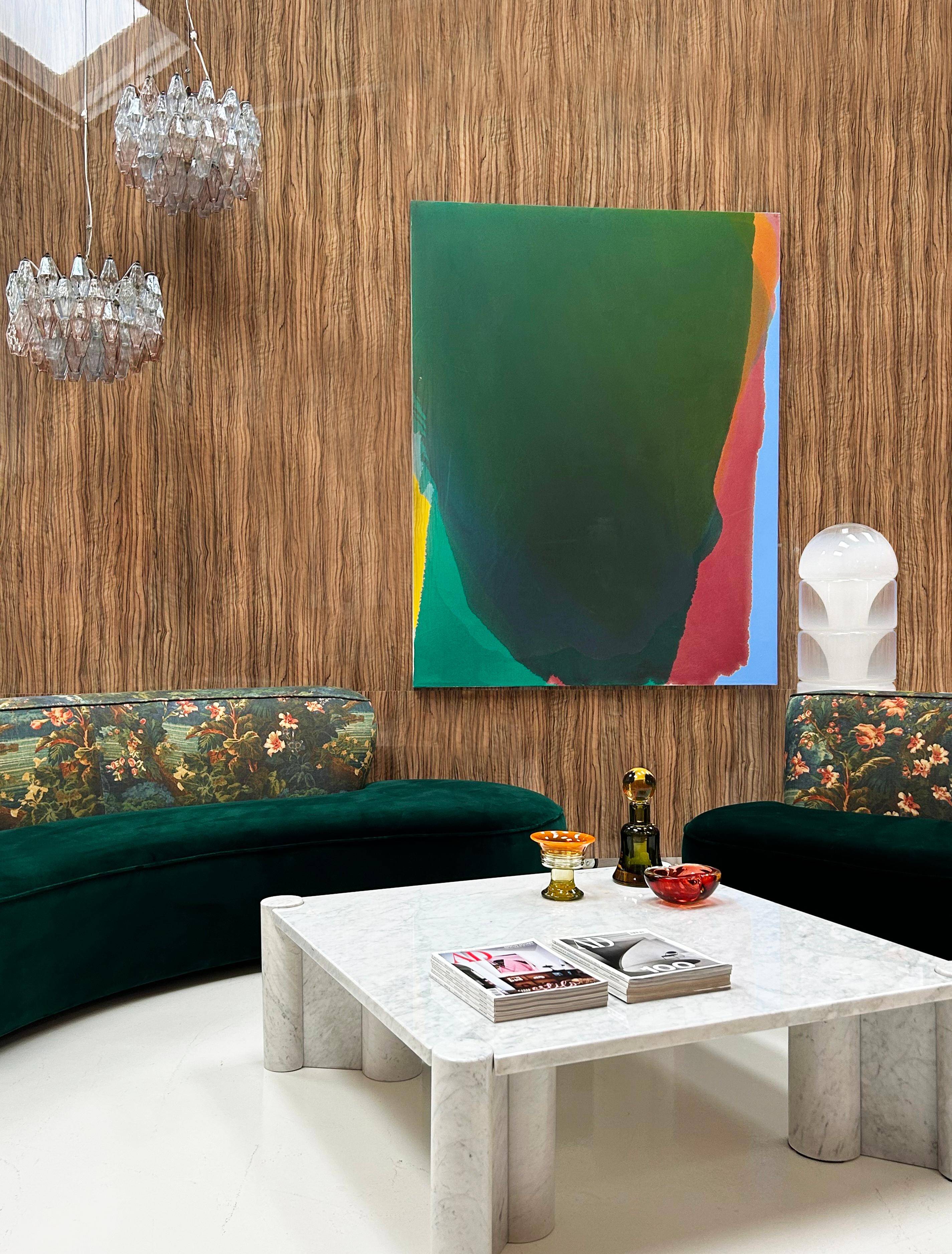 Modern Mid-Century Style Green and Forest Motif Linen and Velvet Armchair France