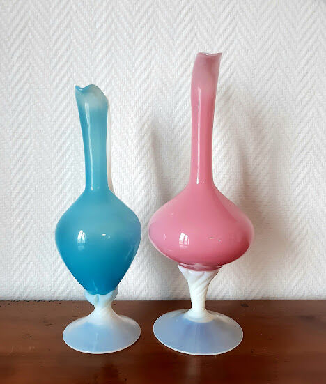 Pair of ewers in pink and blue opaline