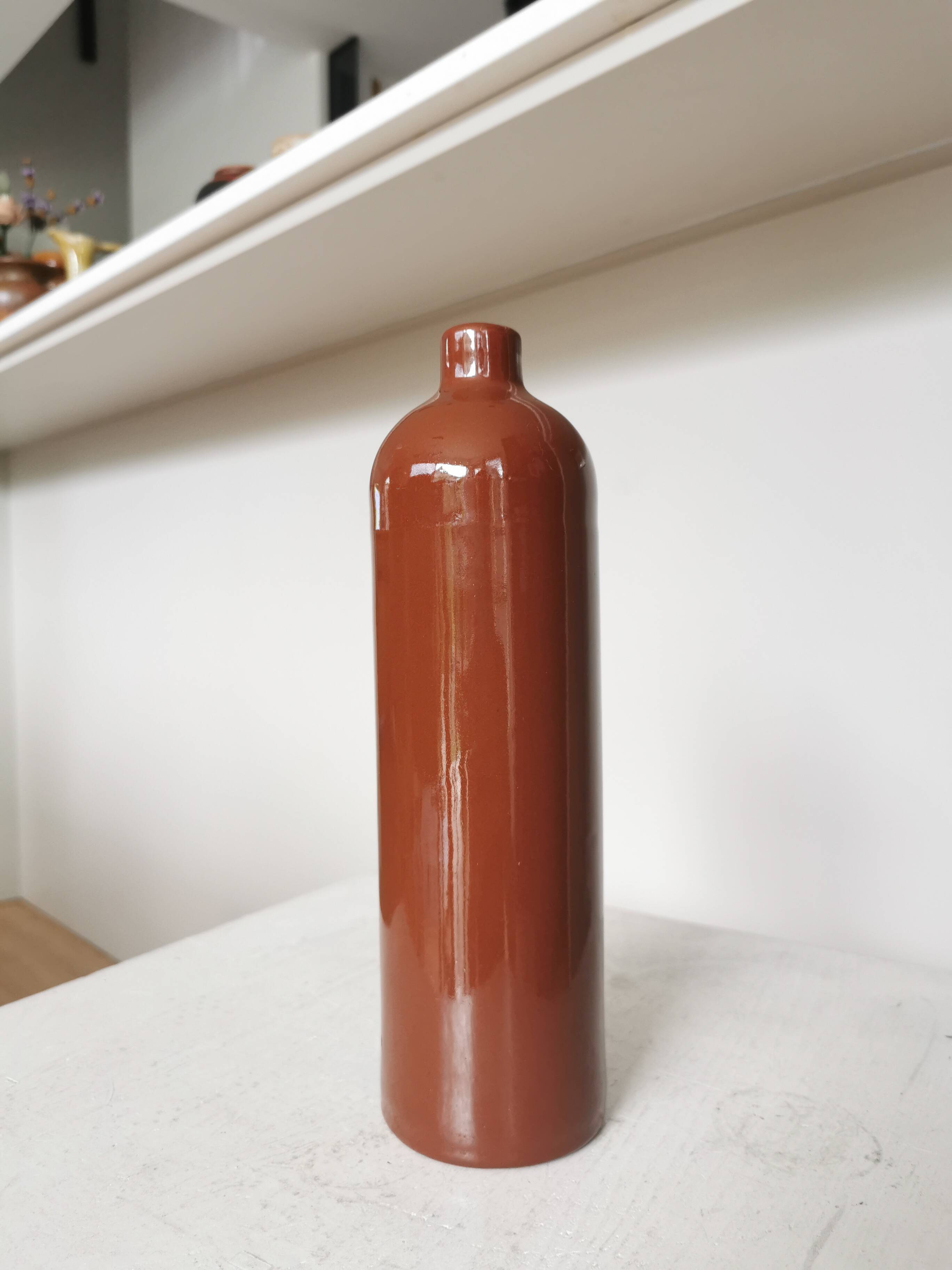 Vintage Brown Glazed Ceramic Vase: Tall Minimalist Bottle Form