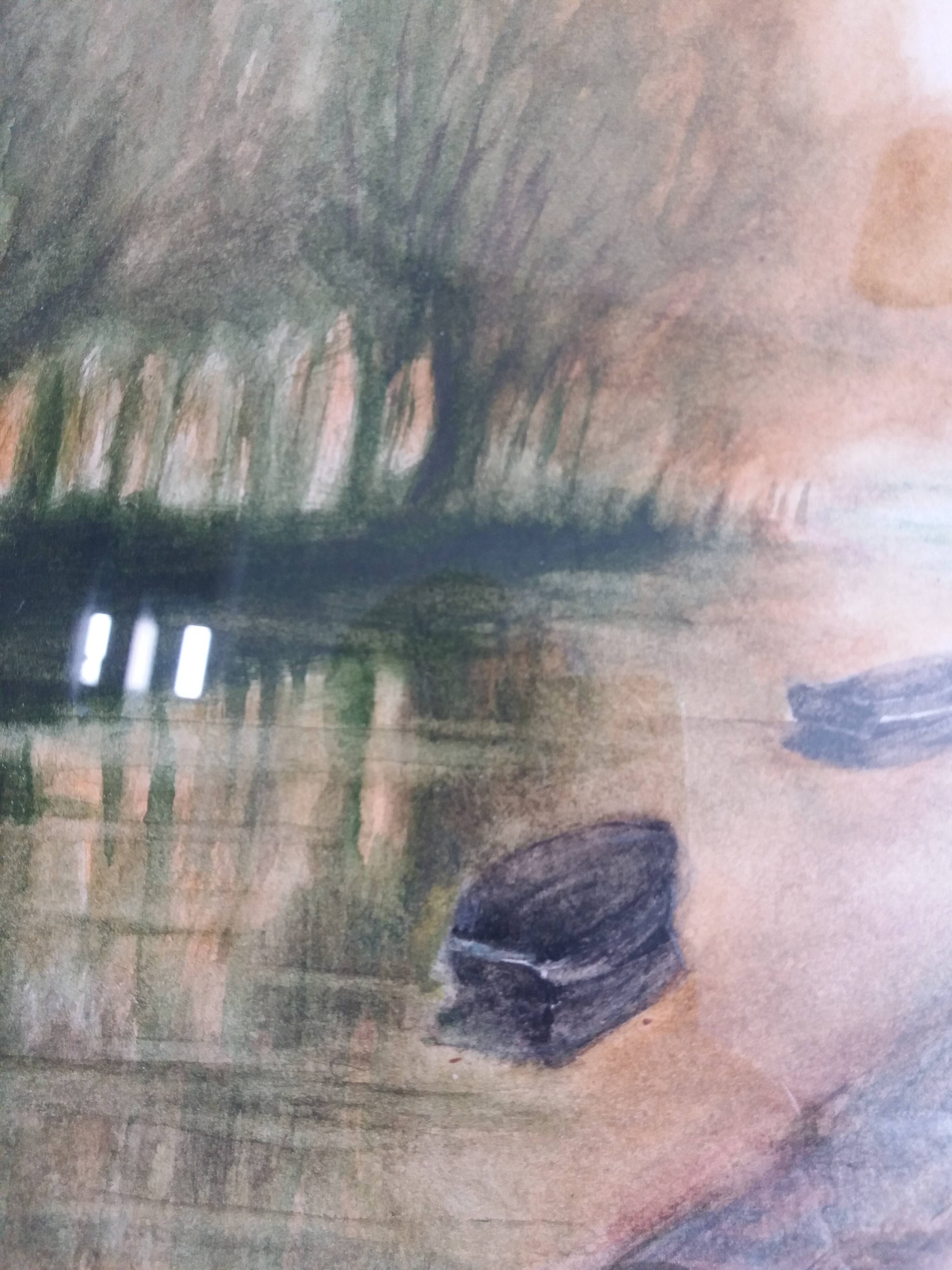 Signed painting, landscape, boat on river, Poitevin marsh