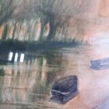 Signed painting, landscape, boat on river, Poitevin marsh