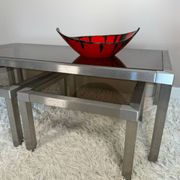 Table basse acier brossé design années 70 et gigognes