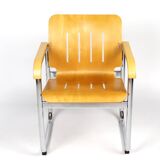 80s curved wood and chrome armchair