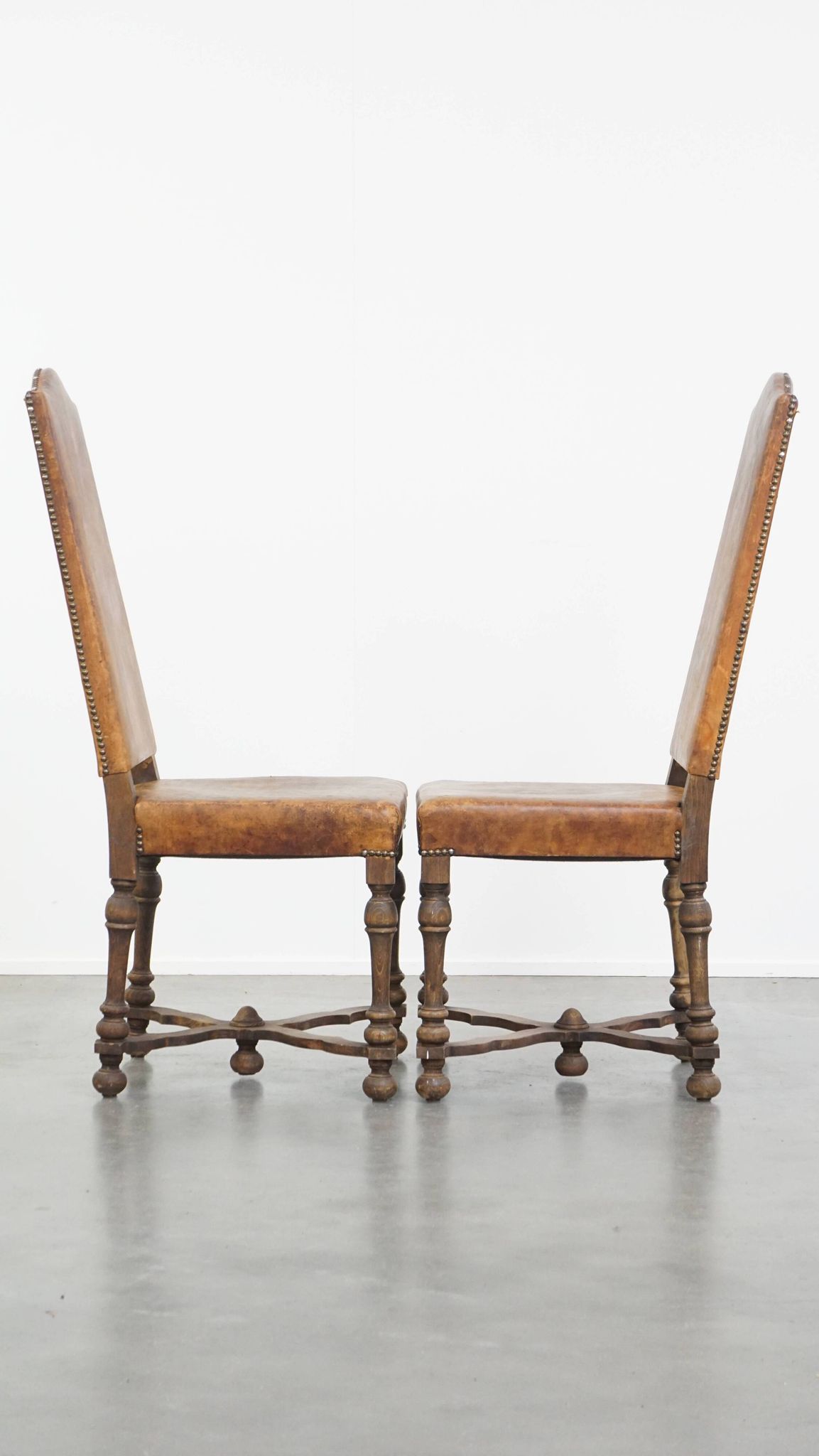 Set of 2 Wooden and Sheepskin Leather Dining Chairs from the Early 1900s
