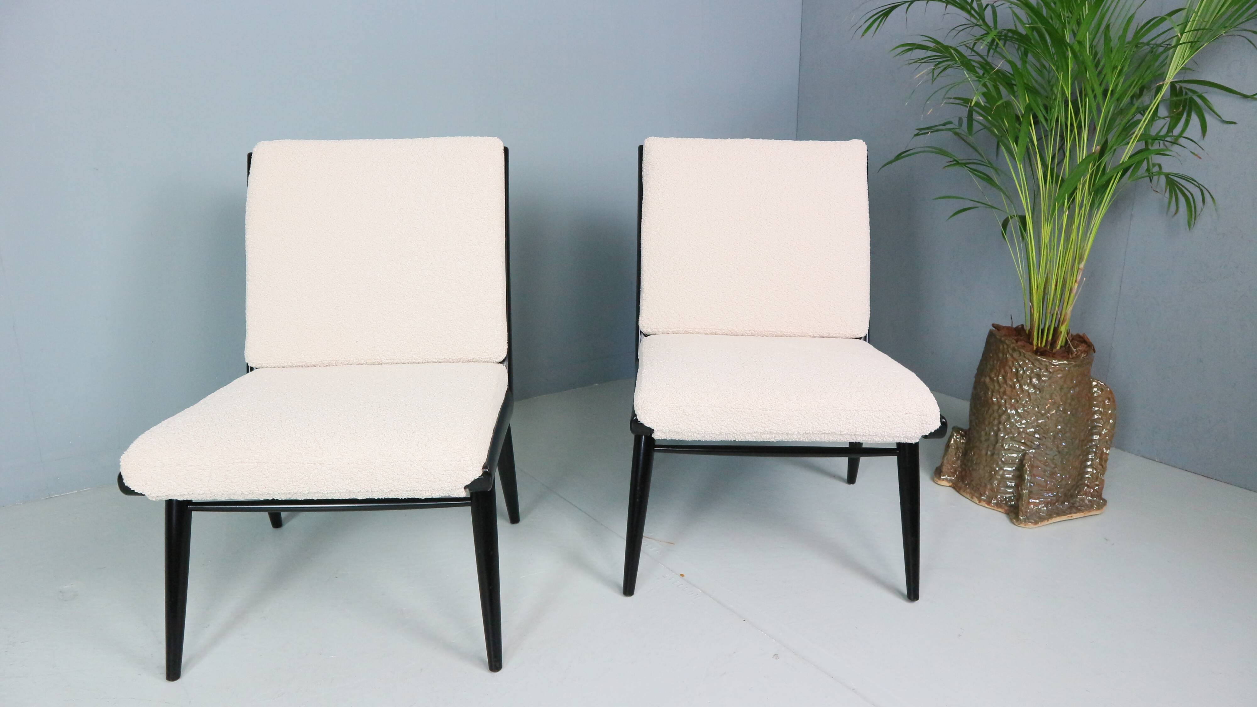 2x 'boomerang' h. mitzlaff, e. schmidt for soloform, bouclé lounge chairs, 1953