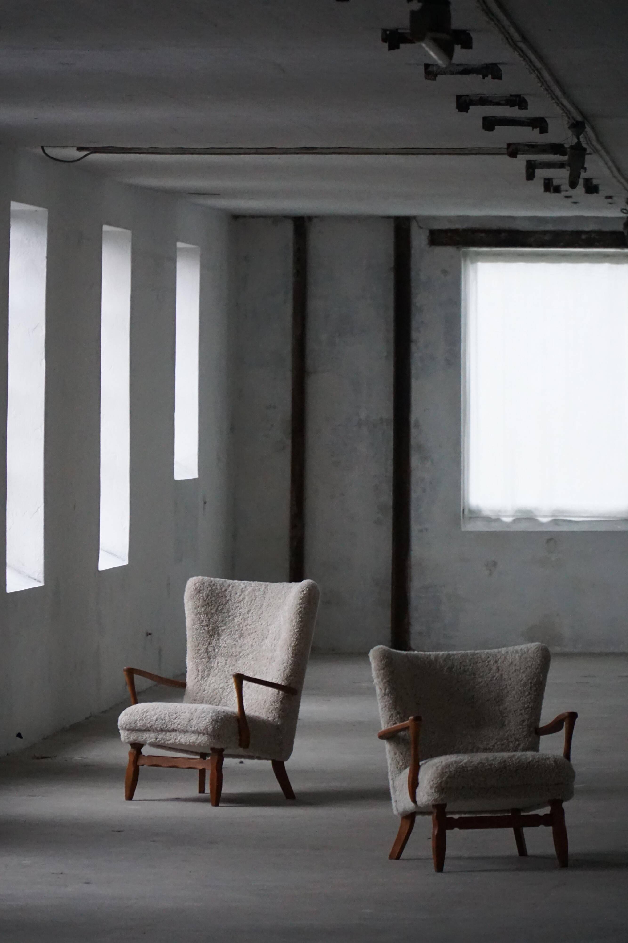 Viggo Boesen, high-back chair in oak and shearling lambskin, modern Danish design, 1950s.