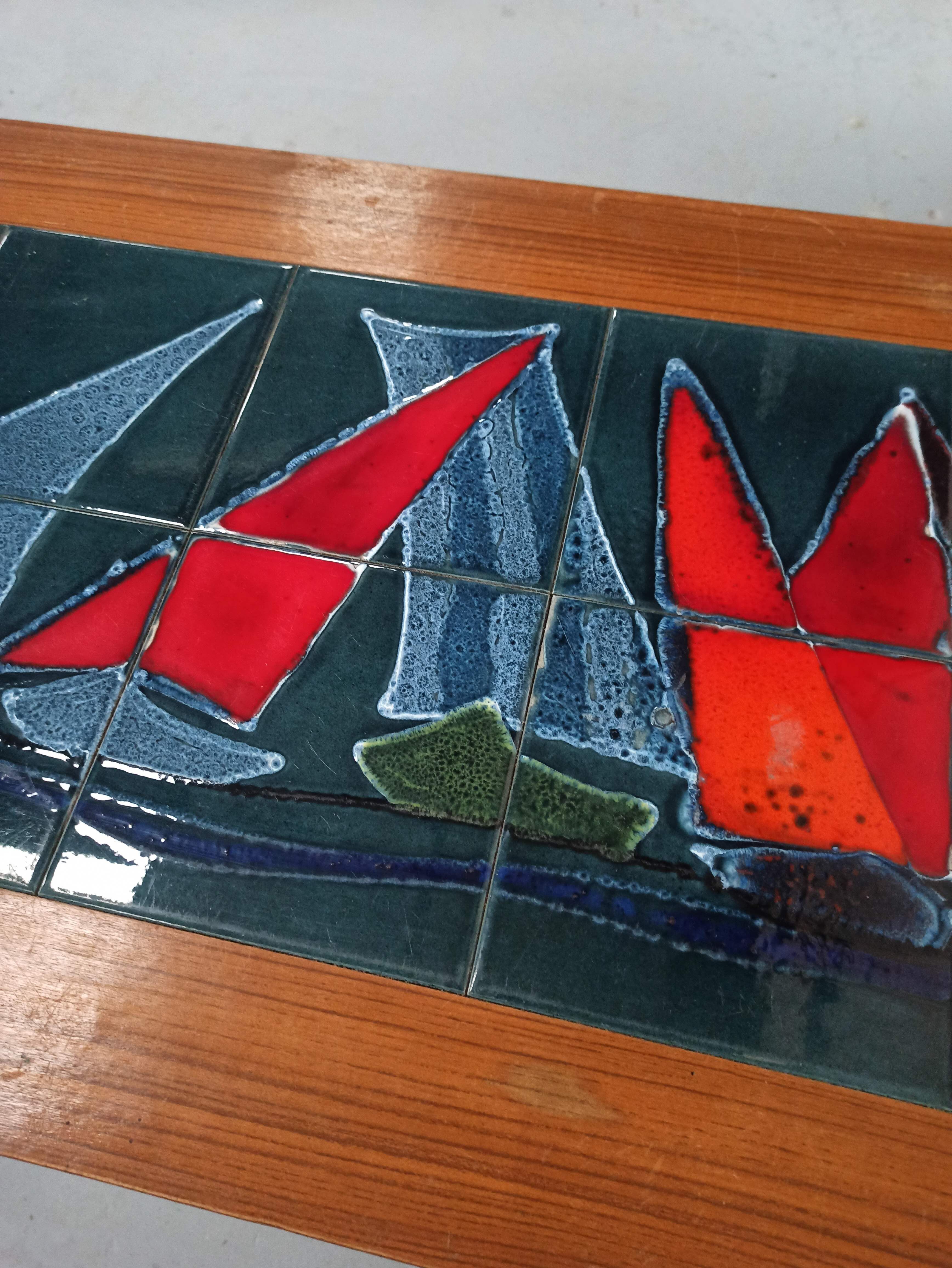 Coffee table year 50 / 60 - tiled tiled Boat decorated Marine feet spindles
