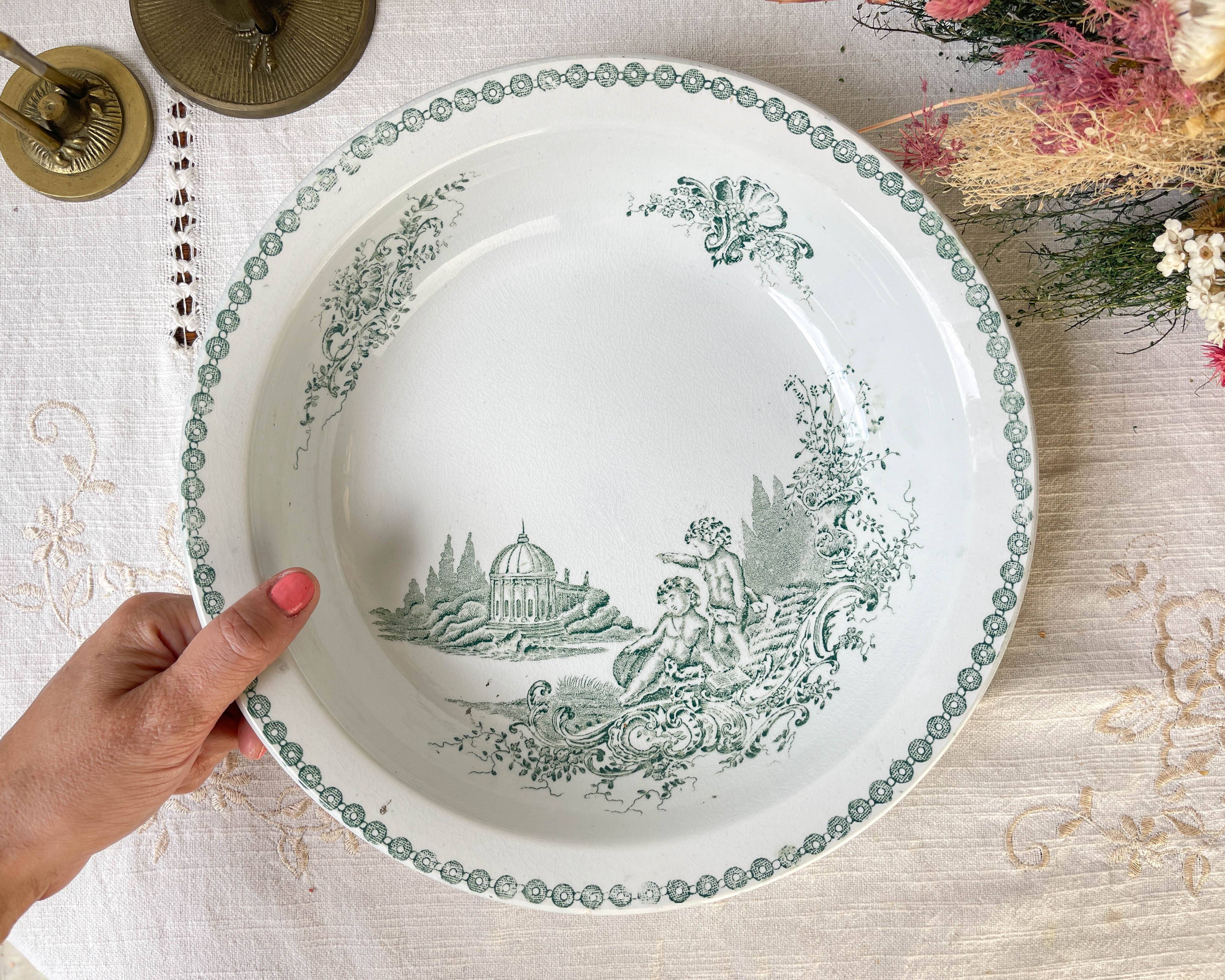 Vintage hollow dish French Terre de Fer St Amand TRIANON cherub motif 19th century