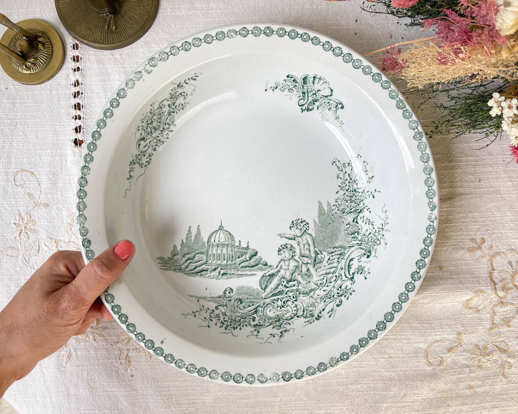 Vintage hollow dish French Terre de Fer St Amand TRIANON cherub motif 19th century