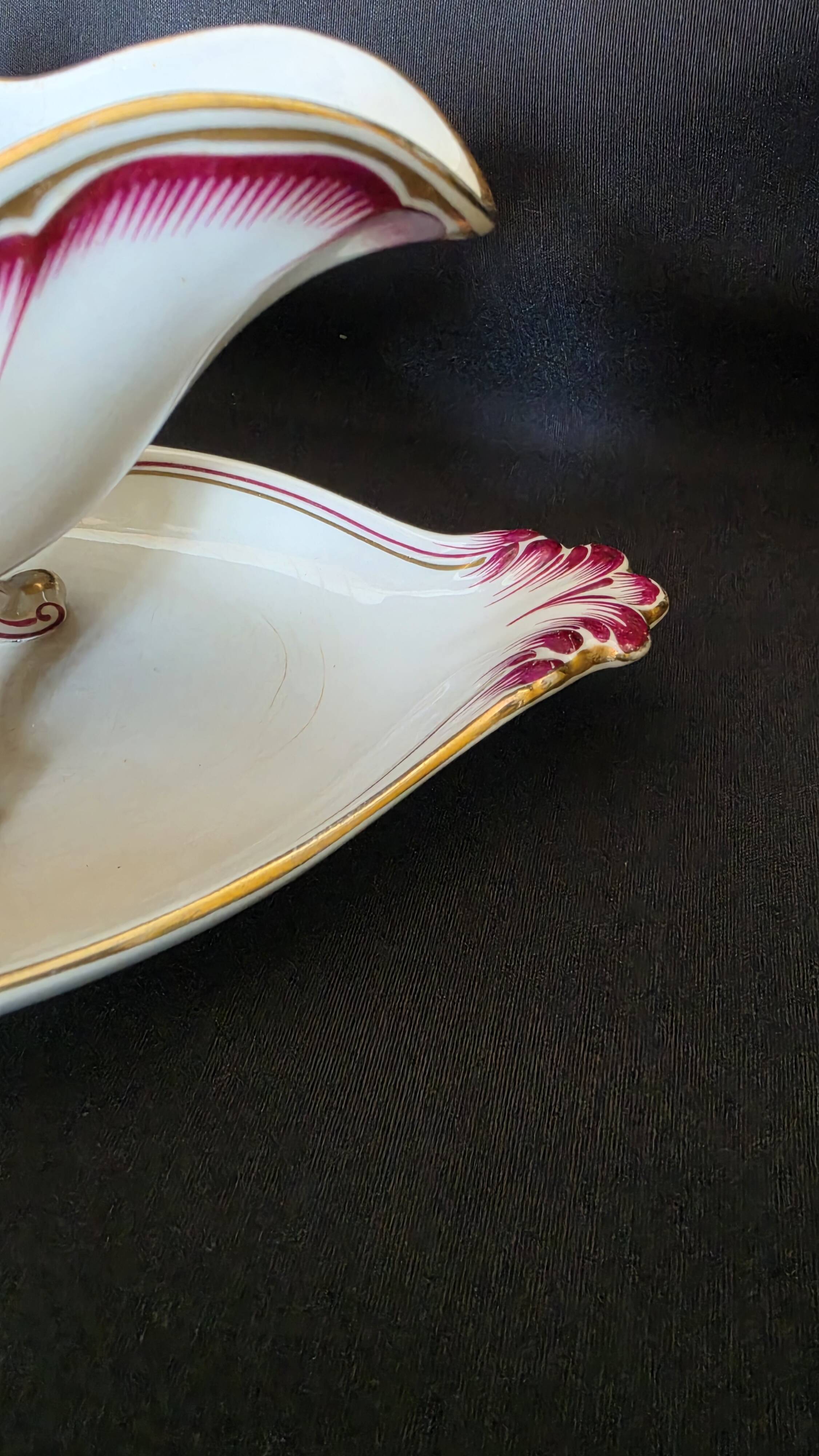 Antique sauce boat in fine earthenware from Sarreguemines, France, neo style.